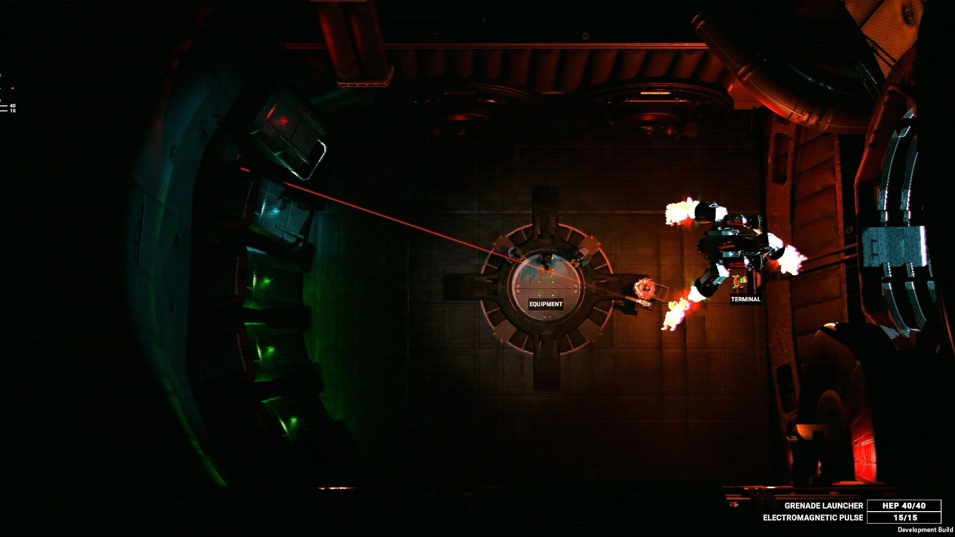 Hardkill System: Mech fires thrusters near Equipment and Terminal nodes in a dark circular hangar room.