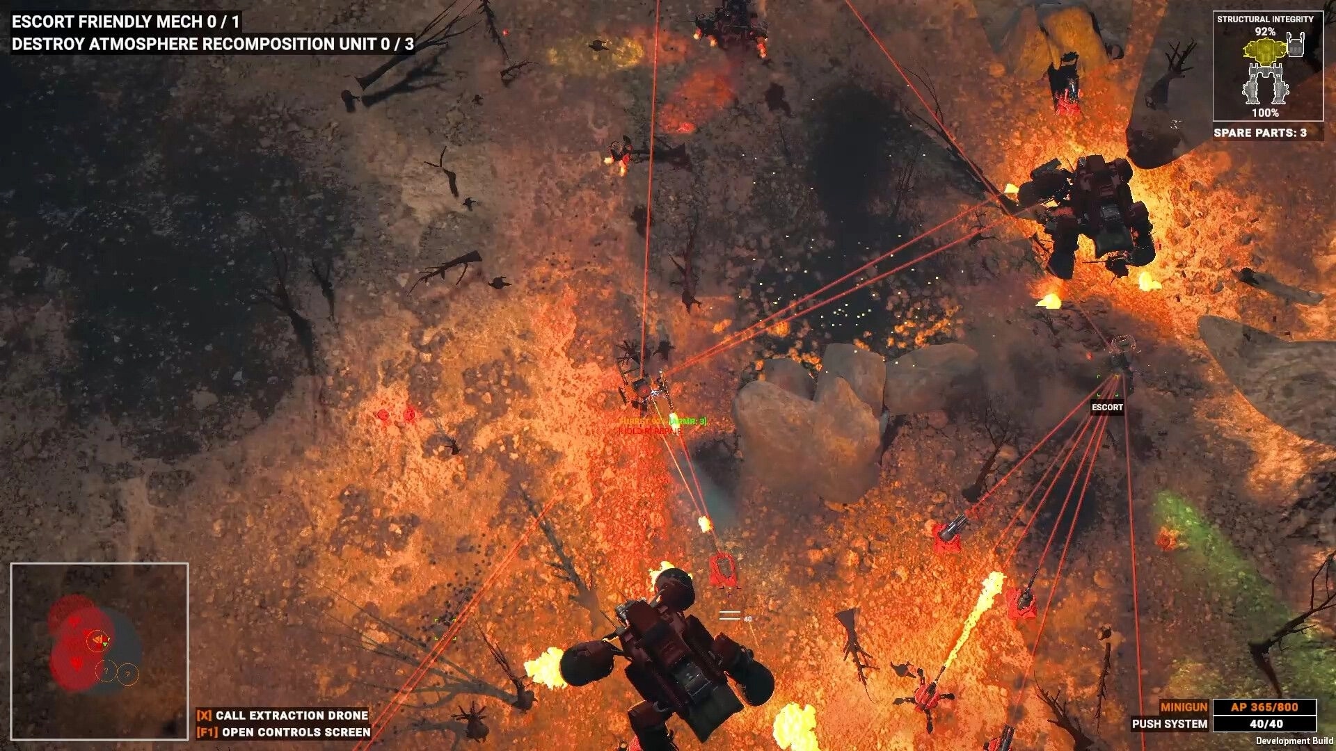 Hardkill System: Twin mechs trade laser fire in scorched wasteland, escort and integrity HUD visible.