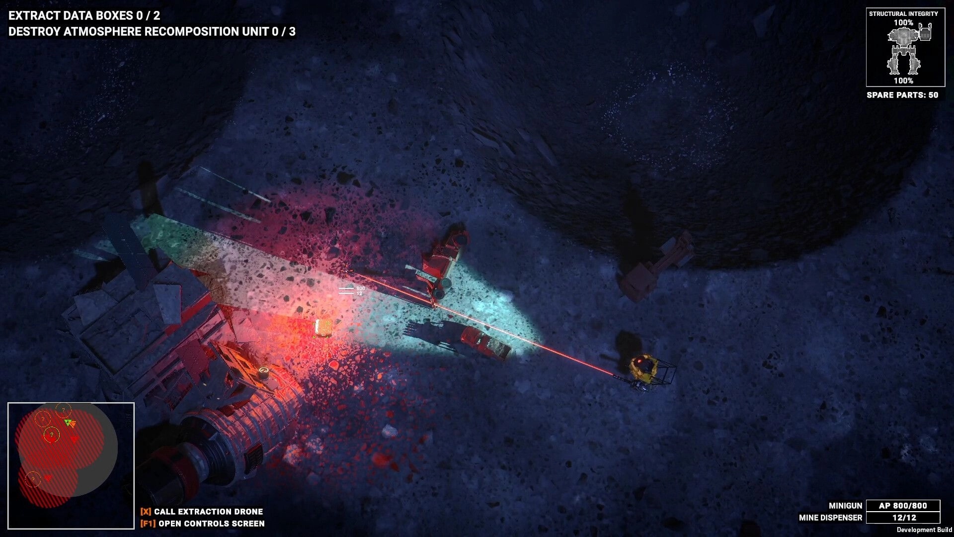 Hardkill System: Mech fires a red laser at wreckage beside a crashed ship on a snowy dark plain.