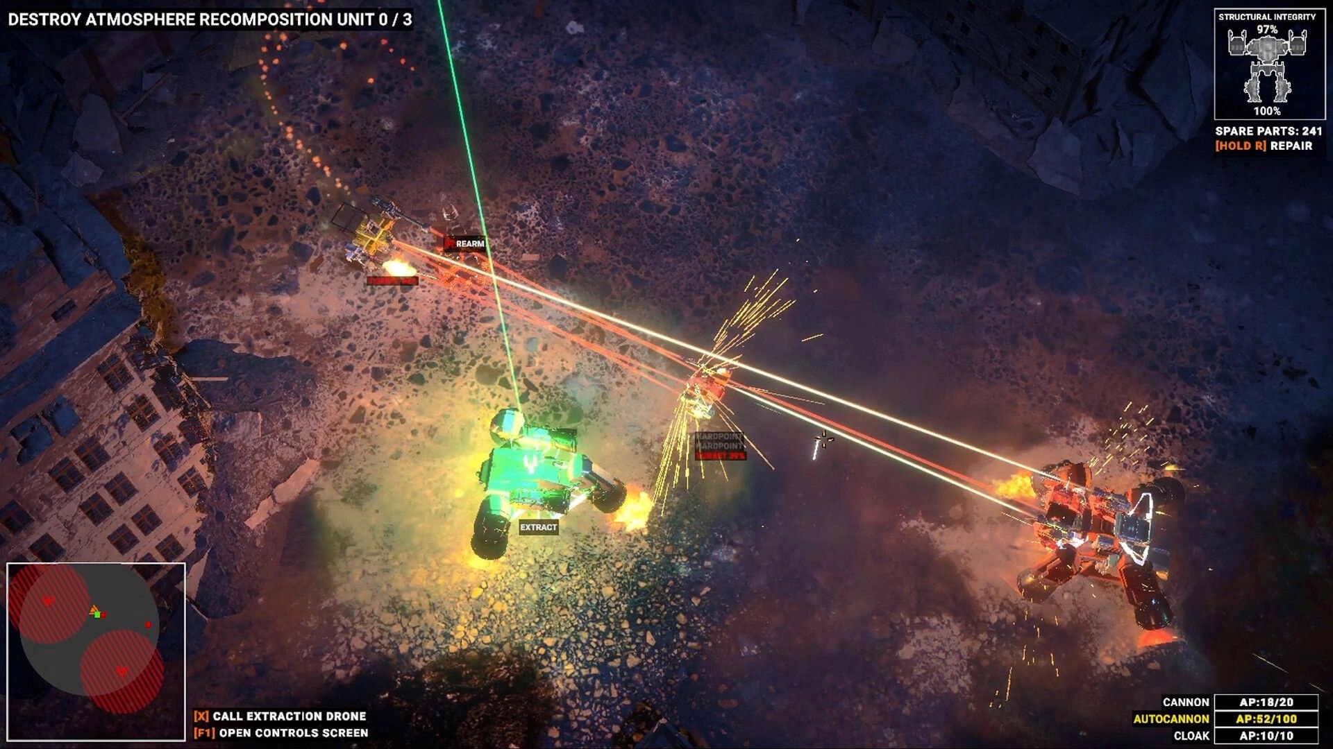 Hardkill System: Top-down mech firefight with laser fire and extraction prompt in rocky crater map.