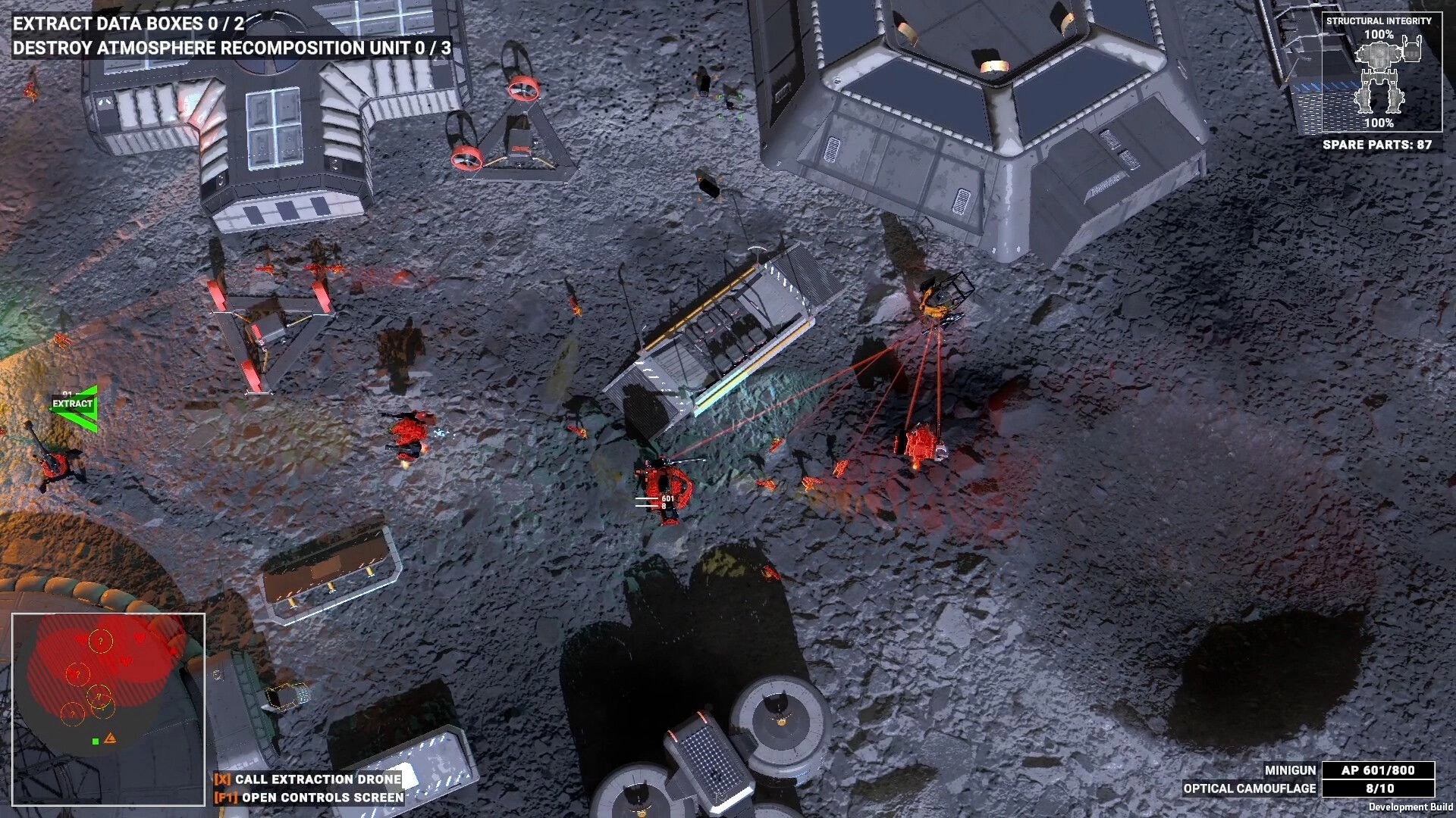 Hardkill System: Top-down mech firefight with lasers and drones on a rocky lunar base map.