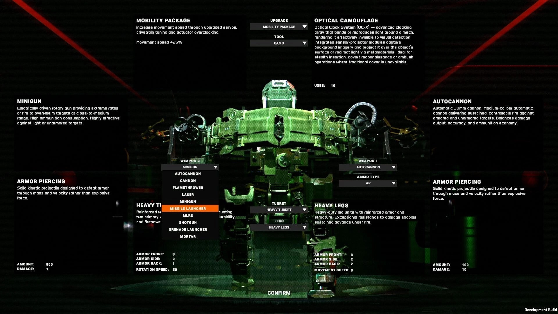 Hardkill System: Mech loadout screen selecting missile launcher and upgrades in dark hangar bay.
