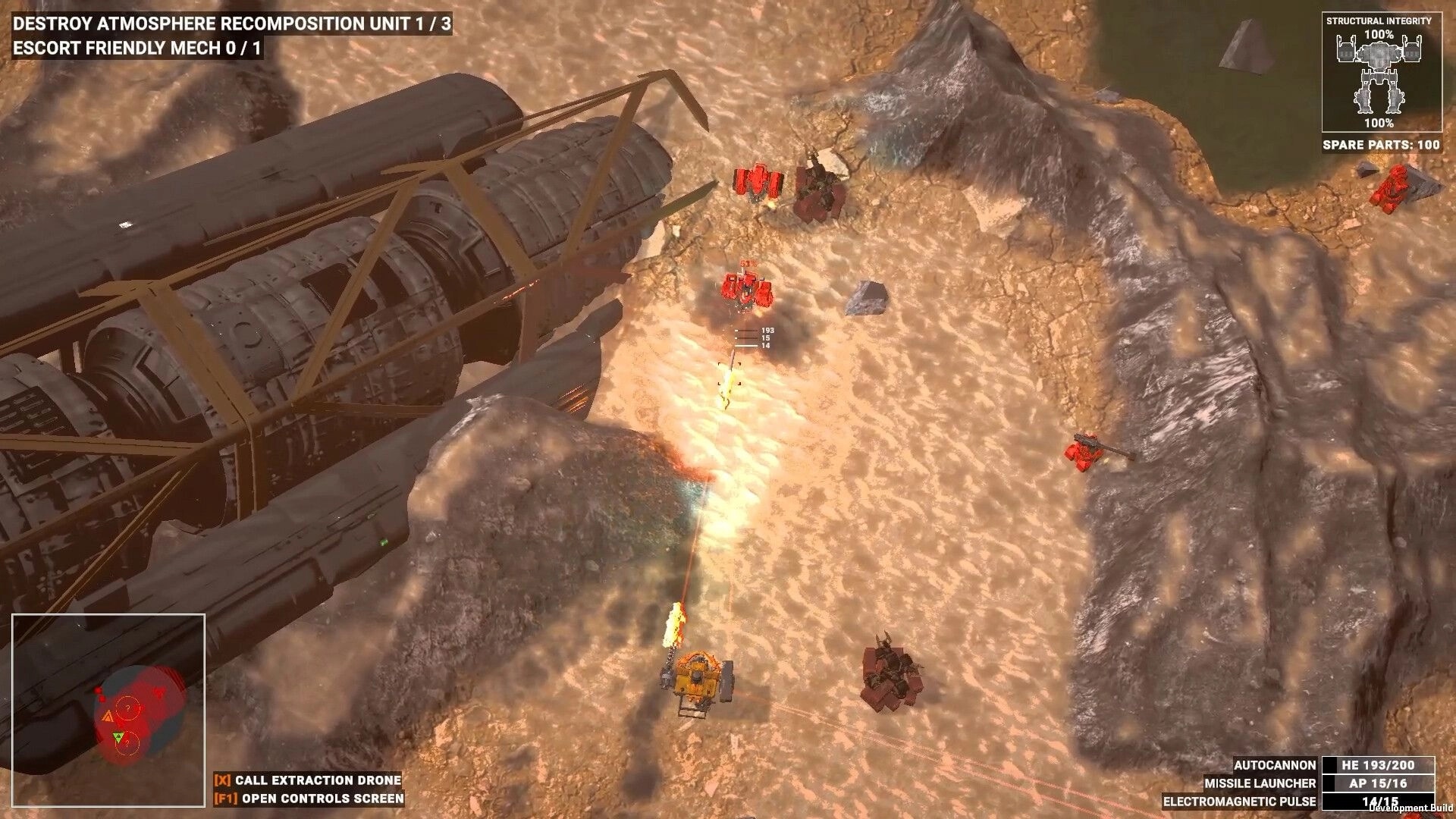 Hardkill System: Top-down mech firefight near crashed ship with objectives, minimap, and integrity UI.