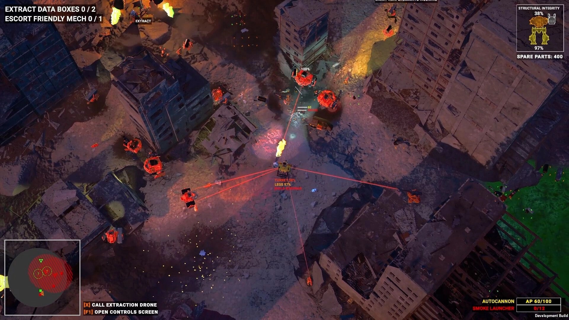 Hardkill System: Top-down mech firefight with red turrets and mission HUD in ruined city streets.