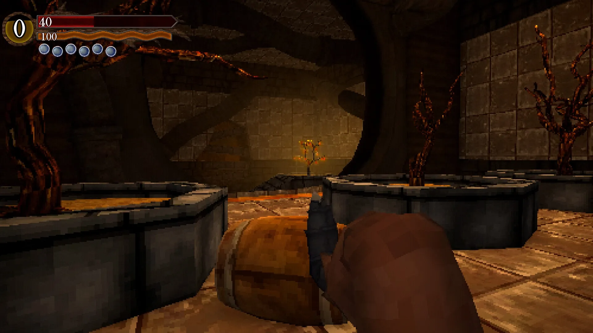 HARK THE GHOUL: First-person view in dim stone chamber with health bar and eerie twisted trees visible
