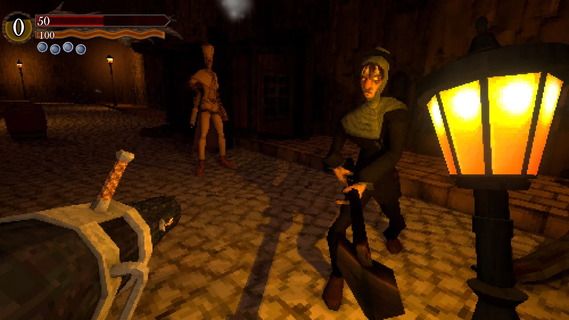 HARK THE GHOUL: First-person battle with two enemies in a dimly lit cobblestone alleyway