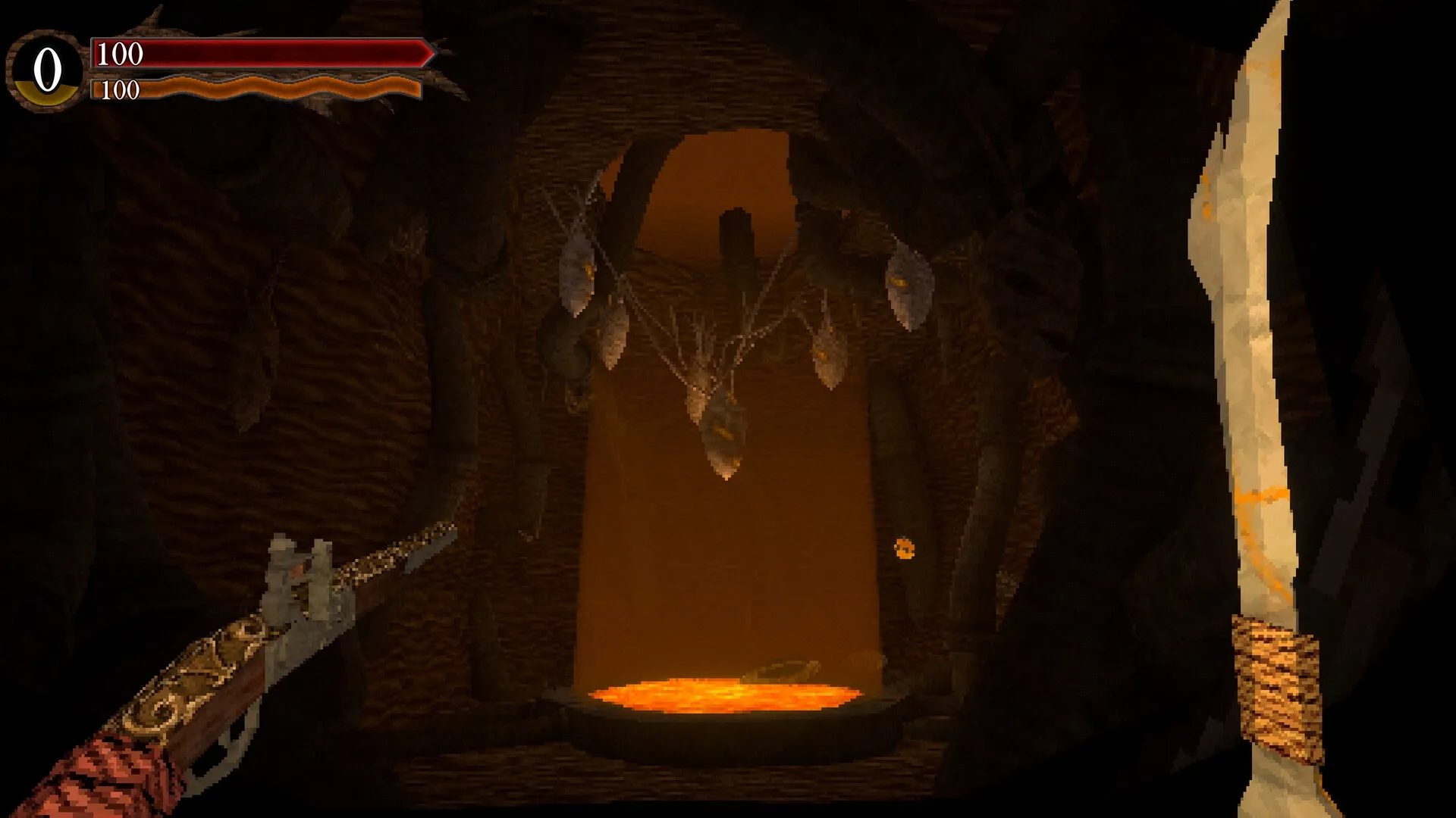 HARK THE GHOUL: Player aiming rifle in dark cave with hanging cocoons and glowing lava pool