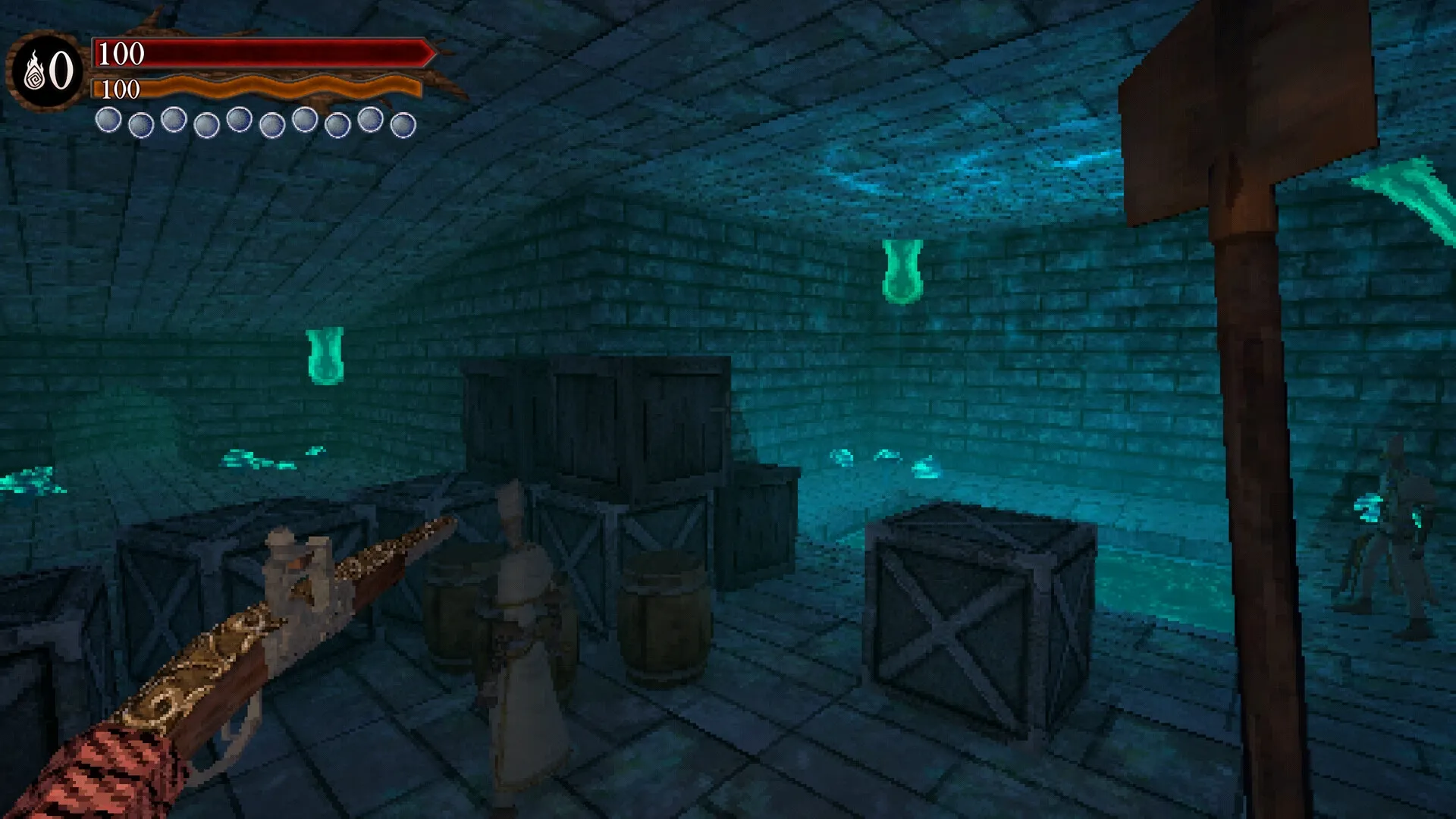 HARK THE GHOUL: Player explores dimly lit dungeon with crates and glowing blue fungi on walls and floor.