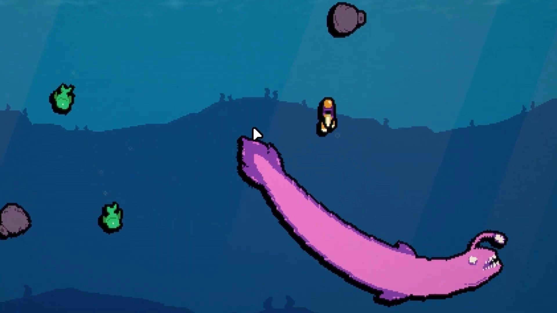 Harpooner: Diver aims cursor at a huge purple alien fish in deep blue underwater cavern.
