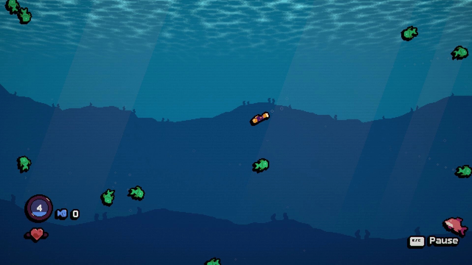 Harpooner: Diver swims underwater among green fish, HUD shows depth 4 and pause button in sea cave.