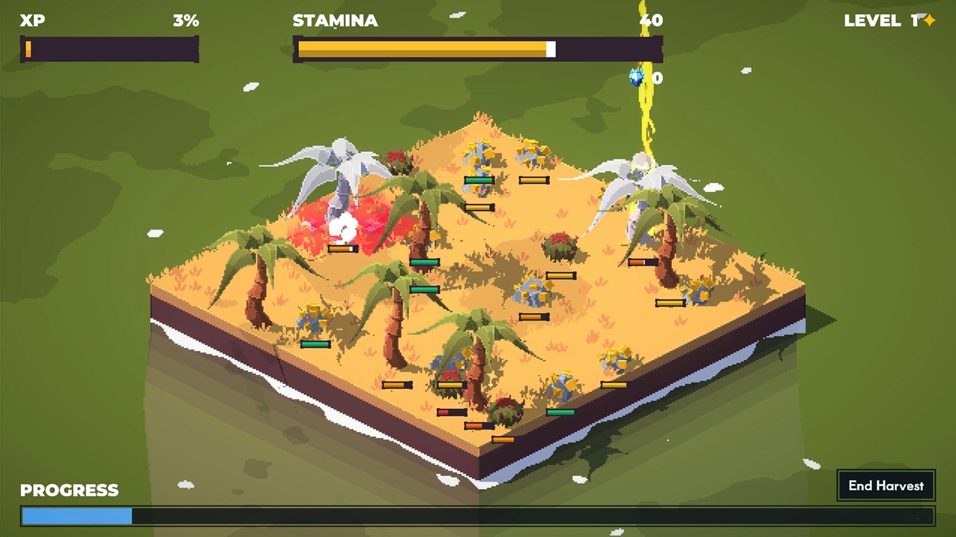 Harventure: Isometric island with trees and flowers, stamina and XP bars, level 4 in ocean setting