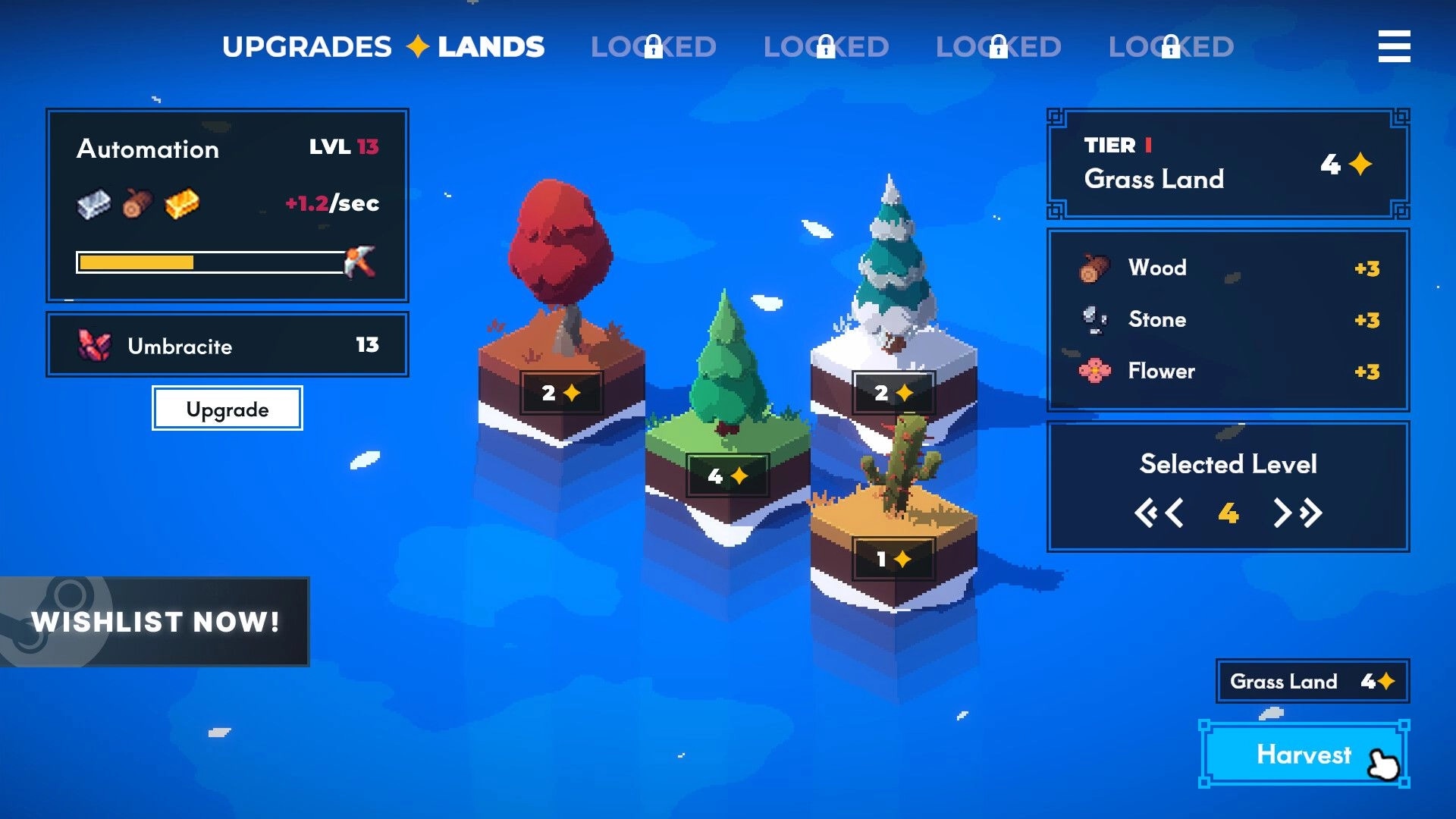 Harventure: Resource upgrade menu with different island tiers and harvesting options in blue ocean setting