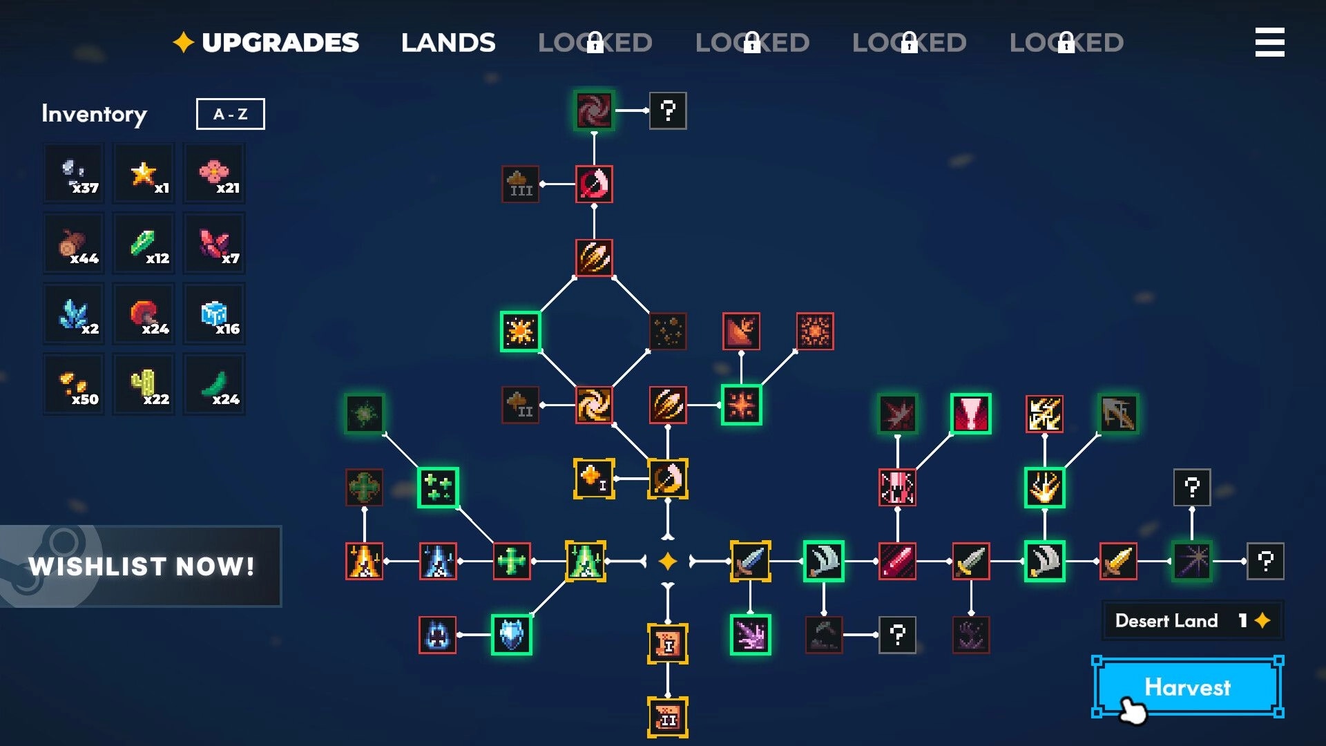 Harventure: Upgrade tree with various skills, inventory items, and a highlighted "Harvest" button.