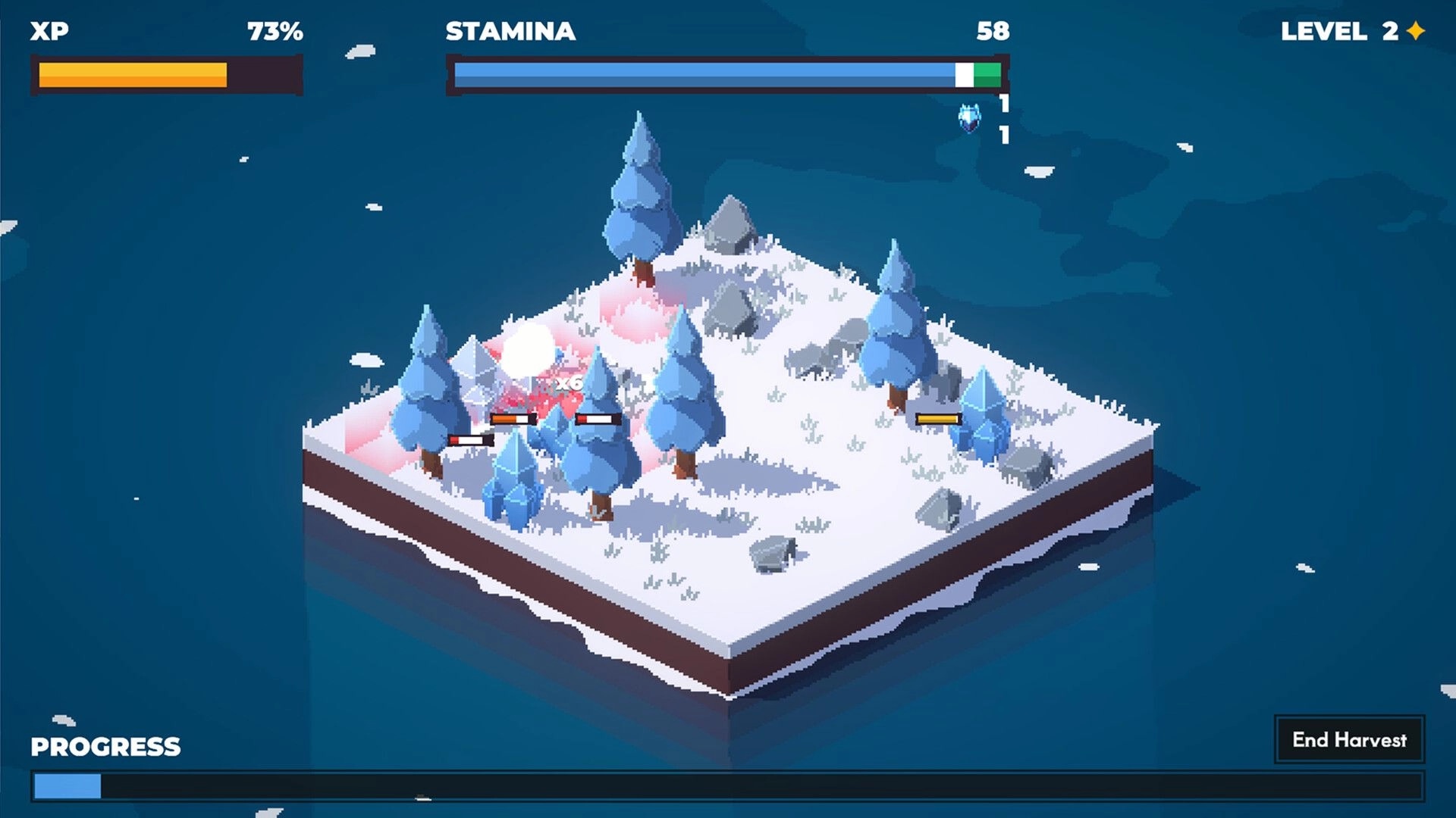 Harventure: Snowy island resource harvesting with XP and stamina bars at level 2, progress shown below