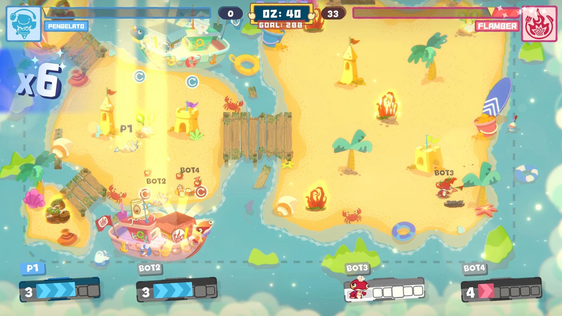 Harvesteria: Timer and score UI over crab characters battling on a sandy island with bridges and boats.
