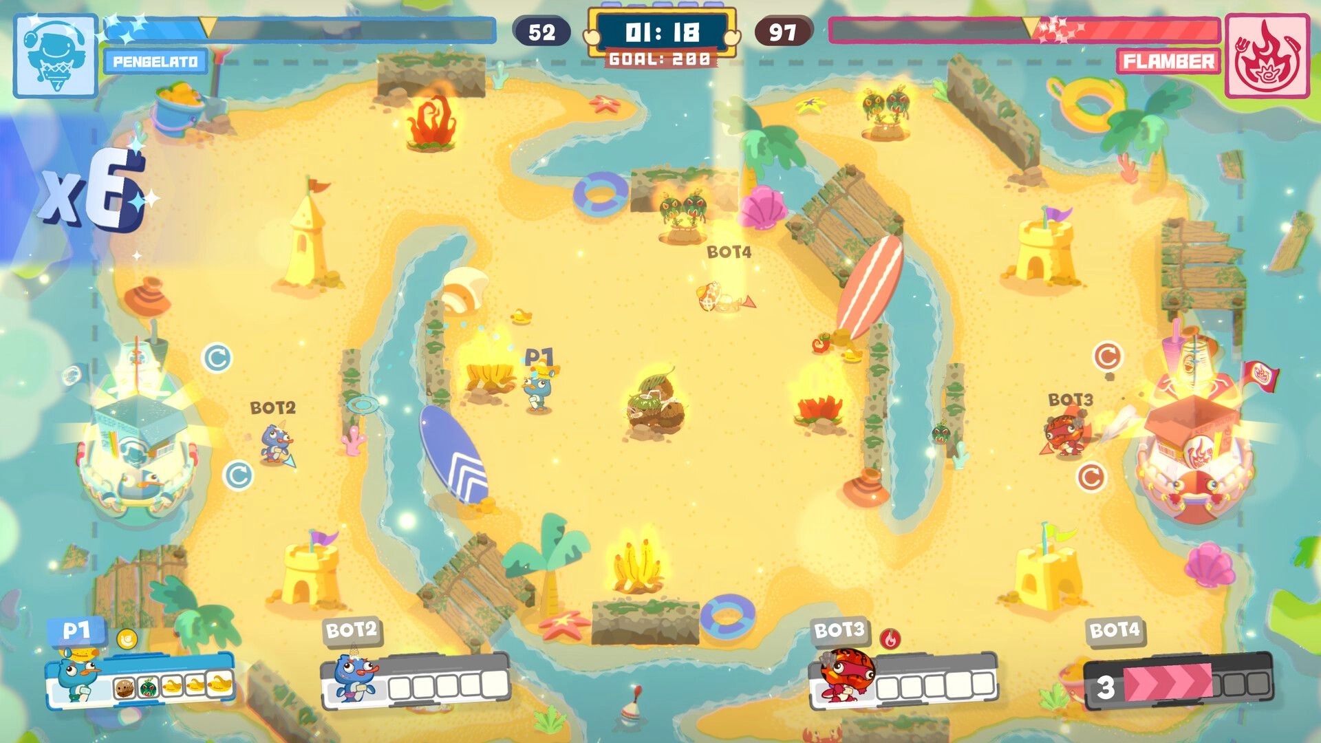 Harvesteria: Top-down team scramble with P1 and bots near capture points on sandy beach arena.
