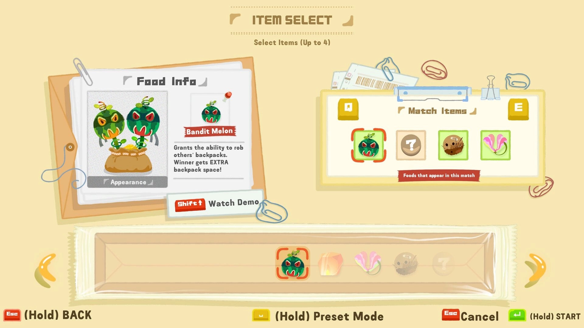 Harvesteria: Item Select menu with Bandit Melon food info and match items icons on beige UI screen.