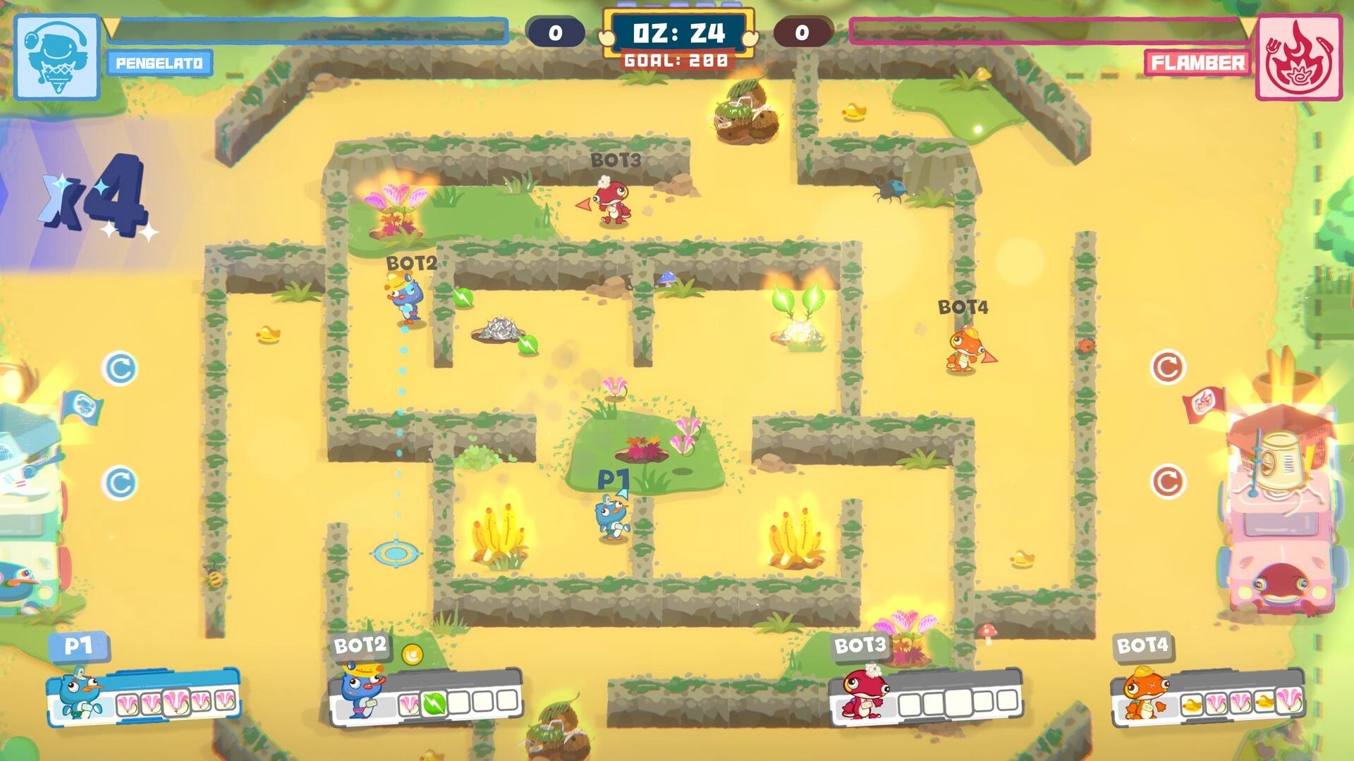 Harvesteria: Four players collect food in a sandy maze with timer, goal 200, and score UI at top.
