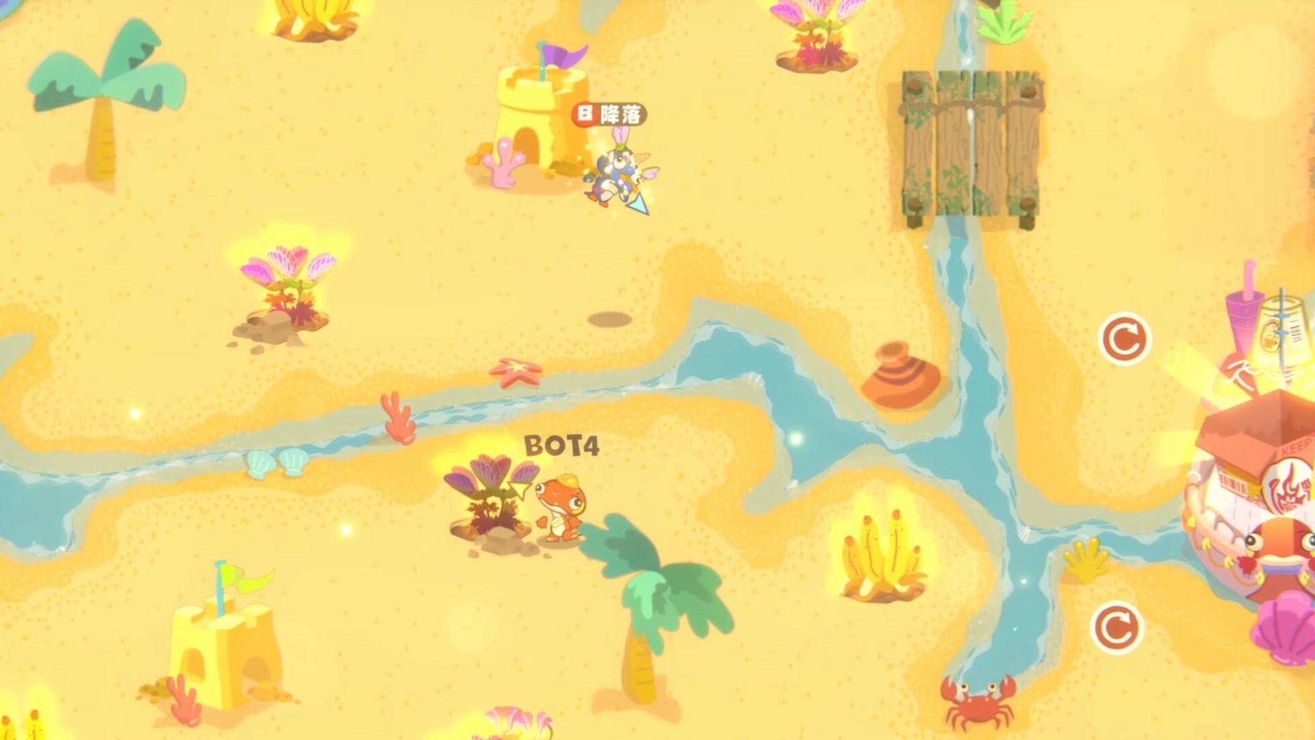 Harvesteria: Two characters with BOT4 label on sandy map with streams, bridge, shells and huts.