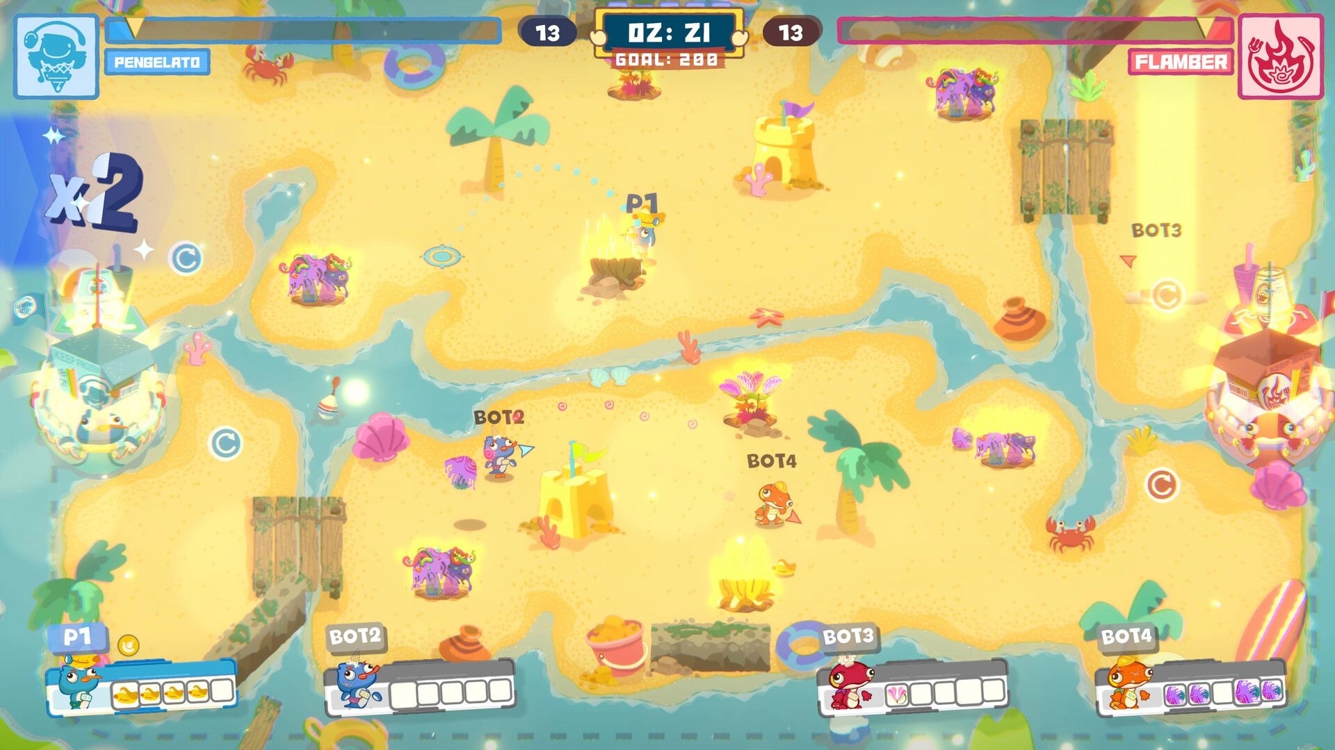 Harvesteria: Top-down beach arena with P1 and bots, score bars and timer over sandy islands and streams.