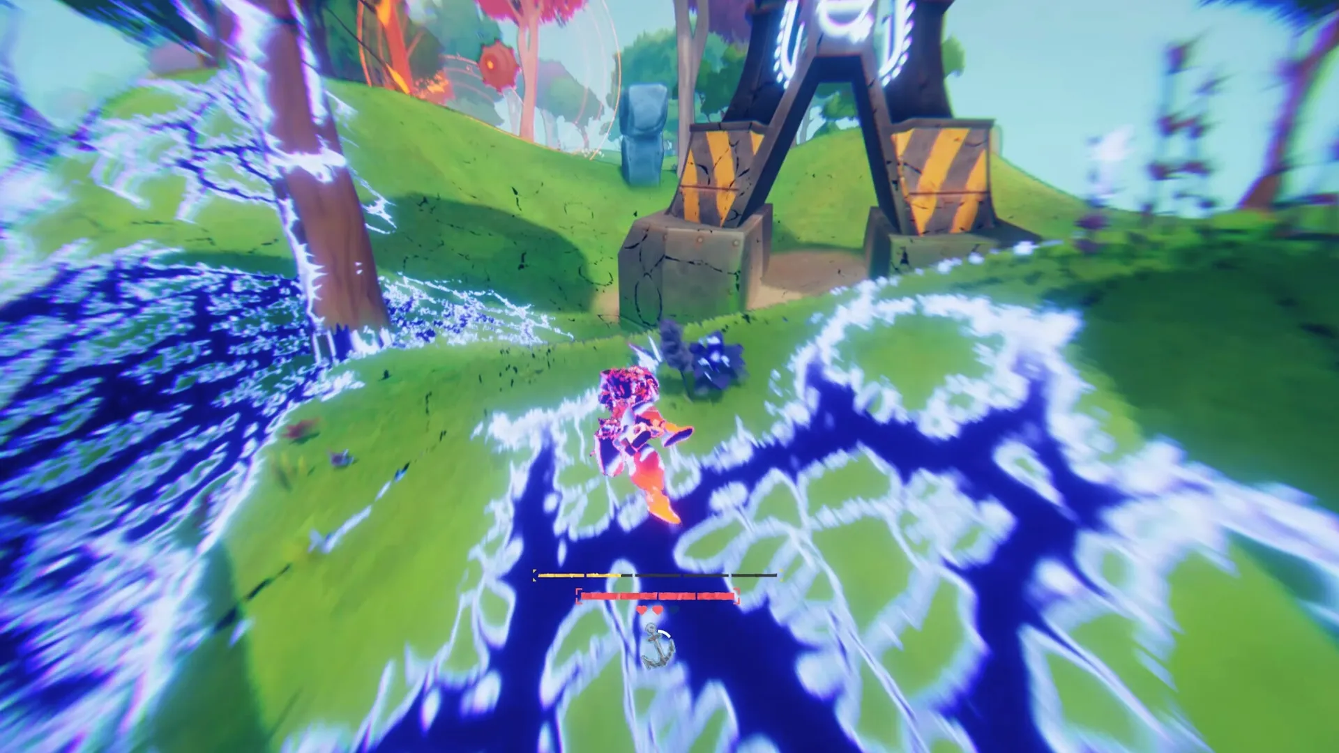 Haste: Character soaring over vibrant, glowing landscape with energy trails and health bar displayed
