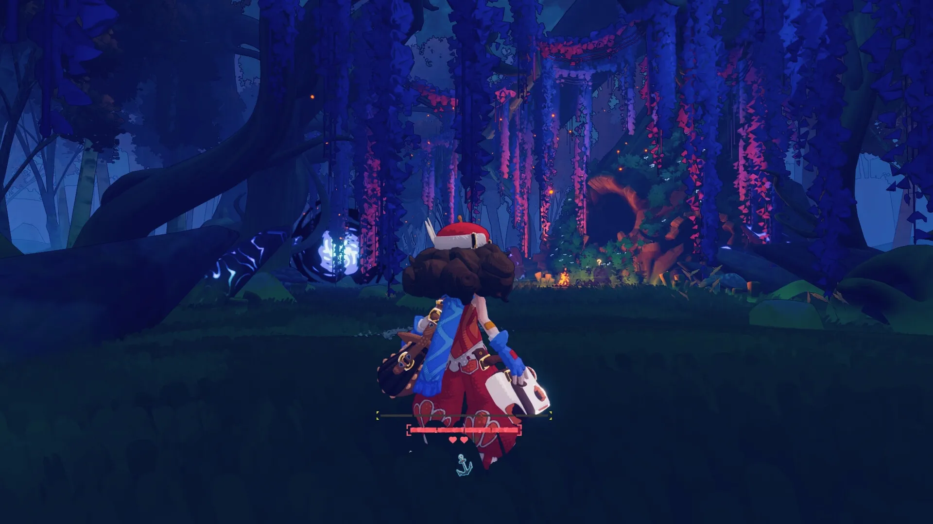 Haste: Character runs through a vibrant, mystical forest with glowing plants and hanging purple vines.