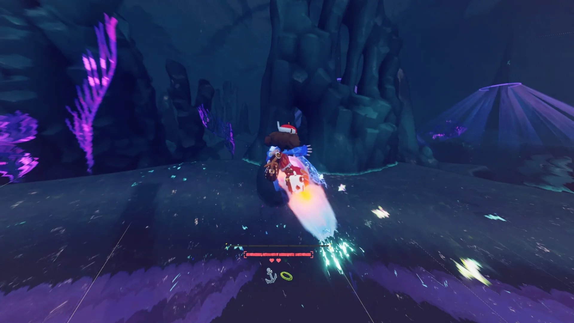 Haste: Character speeds through a glowing cave with purple crystals and UI health bar displayed.