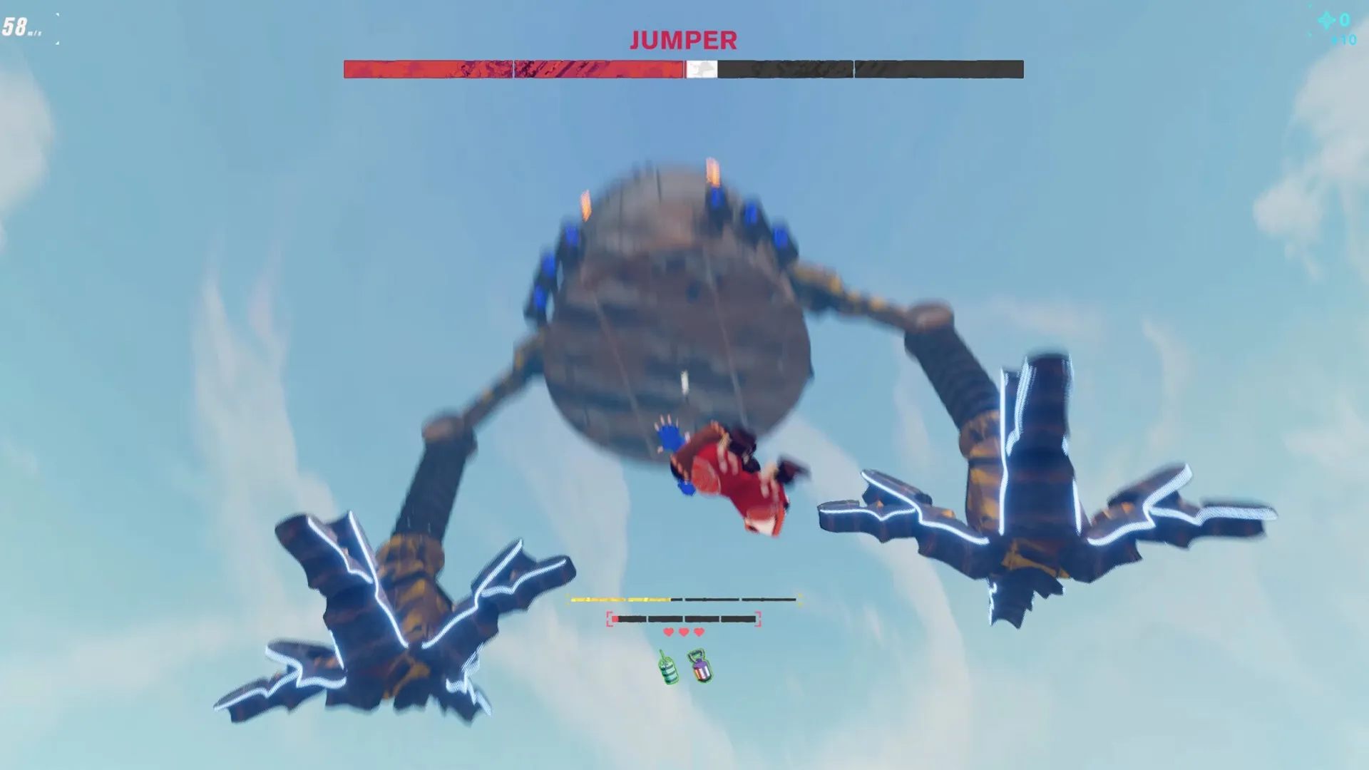 Haste: Player dodging a massive mechanical creature in the sky, with health and item HUD visible