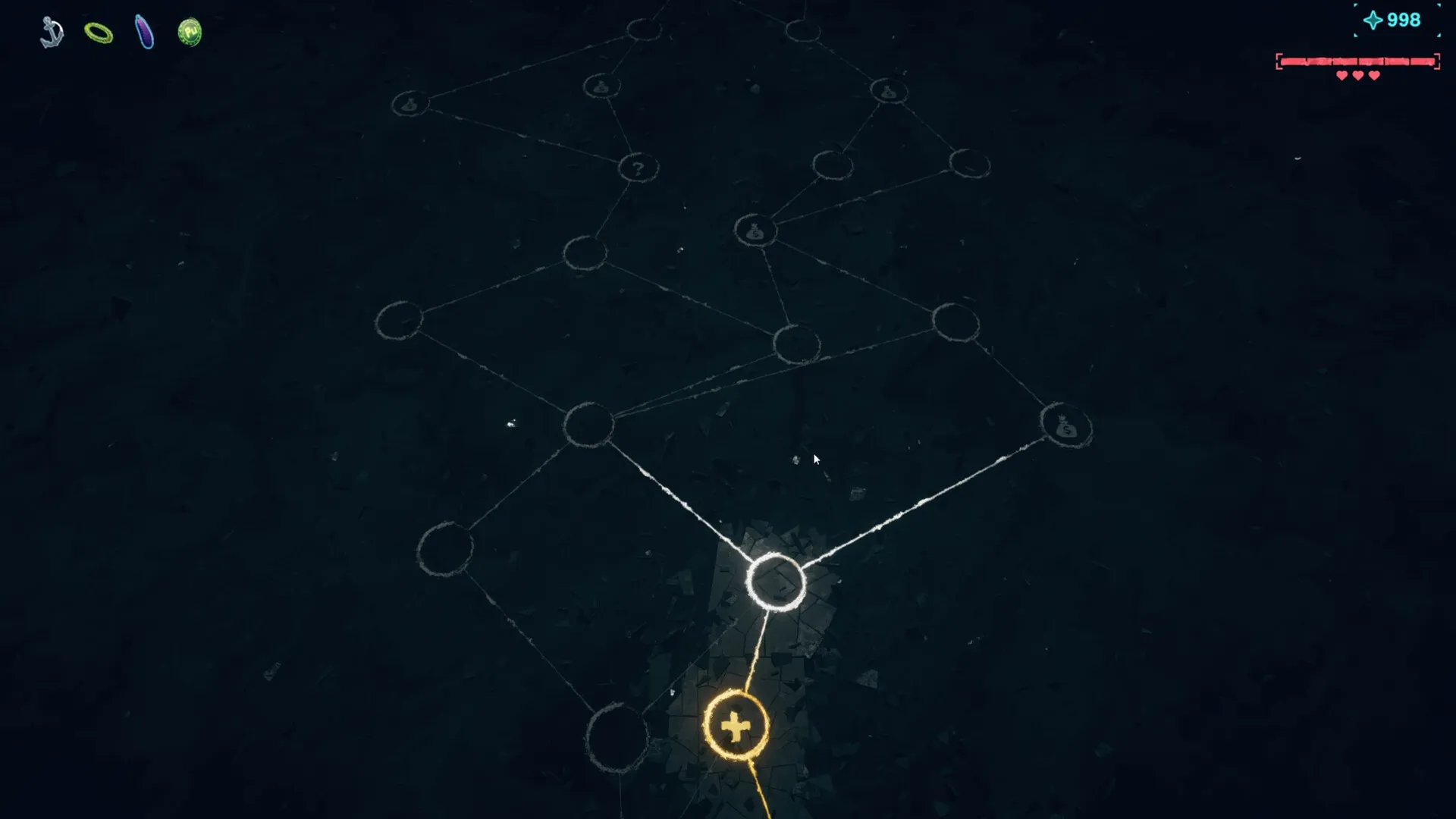 Haste: Map screen showing interconnected nodes with health and currency icons in a dark environment.