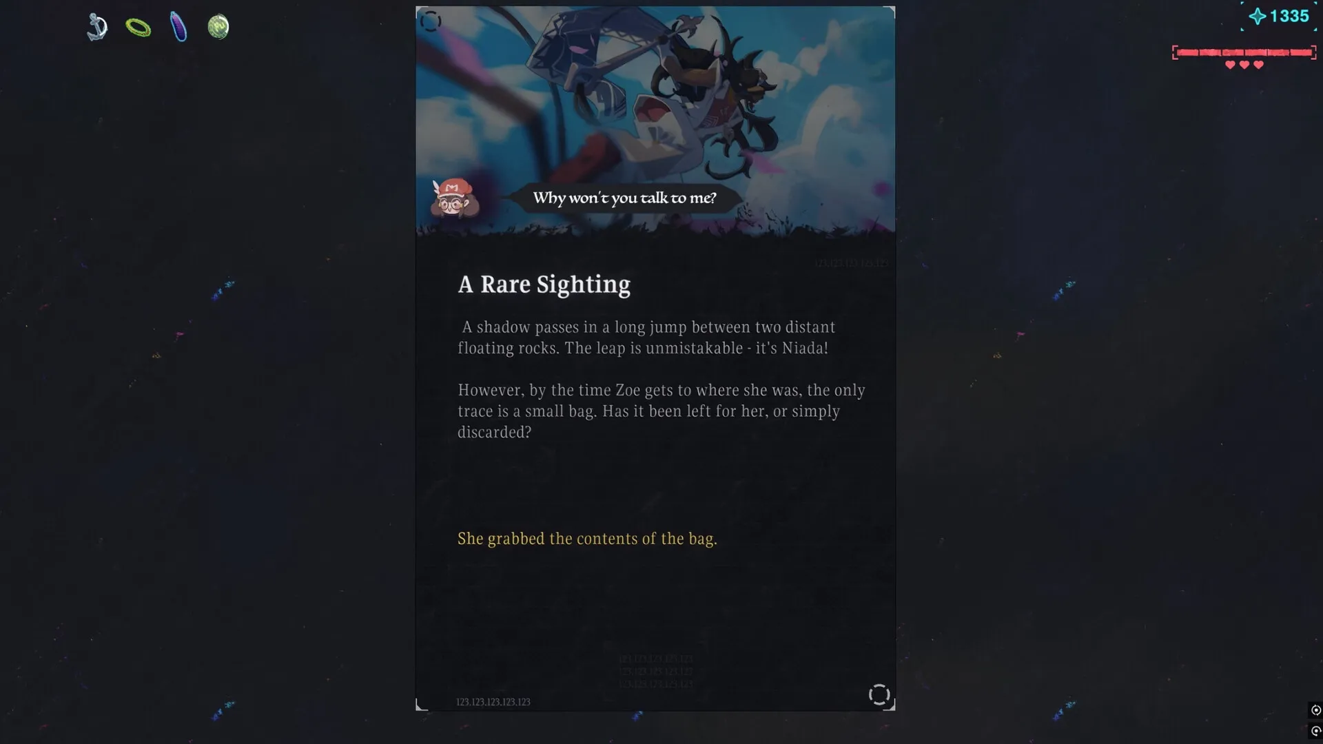 Haste: Dialogue with avatar and text about rare sighting, health bar, and score in dark environment