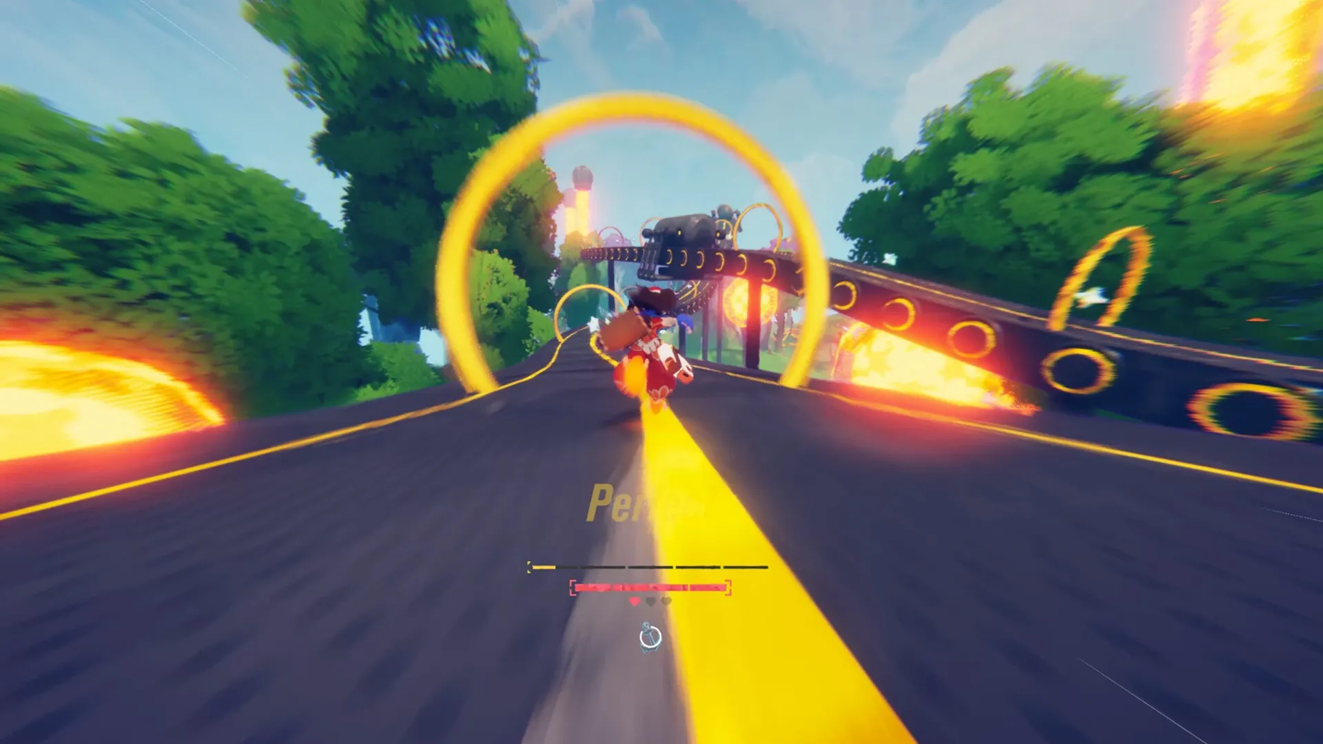 Haste: Character dashing through glowing rings on a vibrant road with health bar visible at bottom