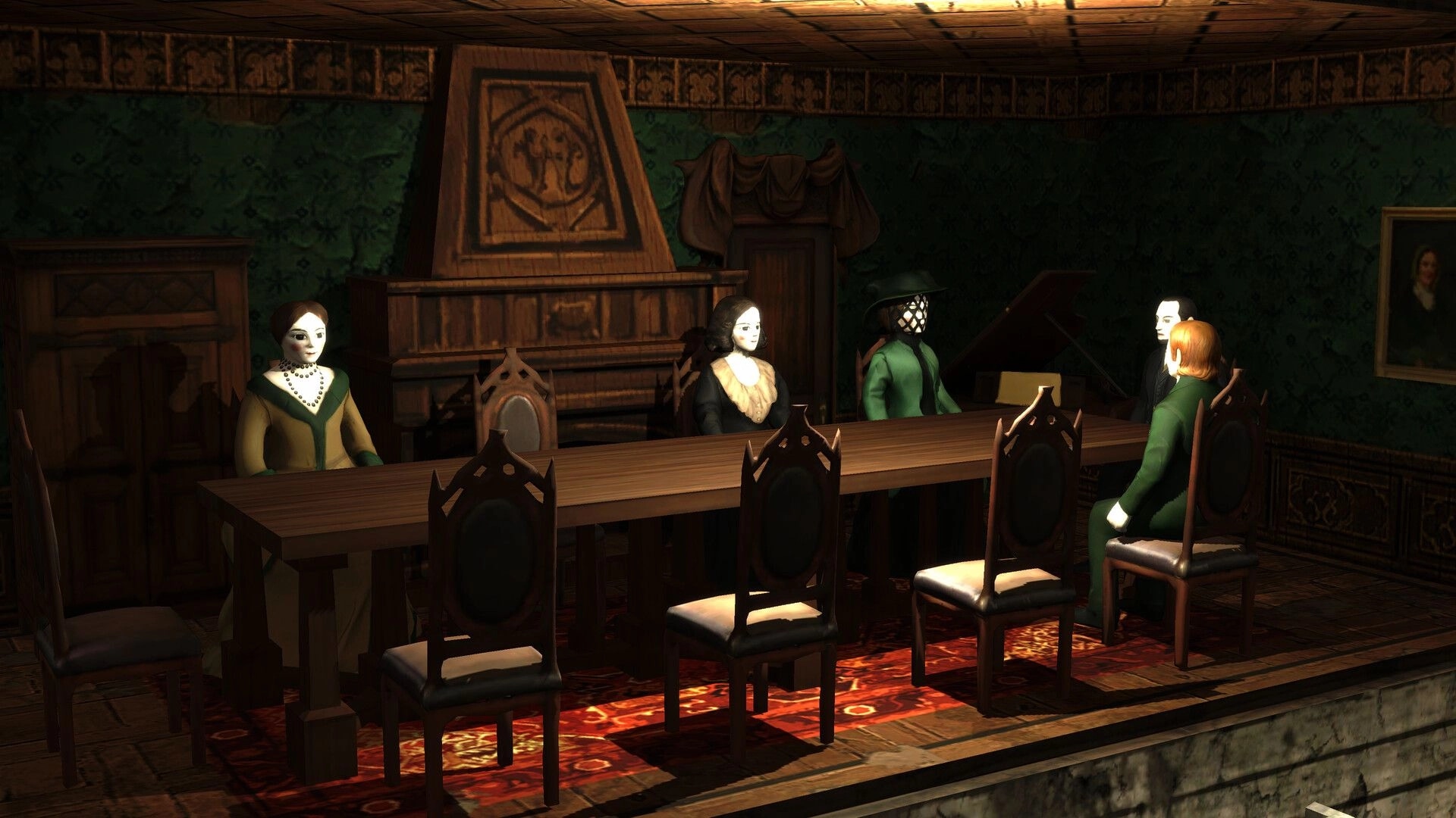 HAUNTED: Five eerie doll-like figures sit around a long table in a dim, antique dining room.