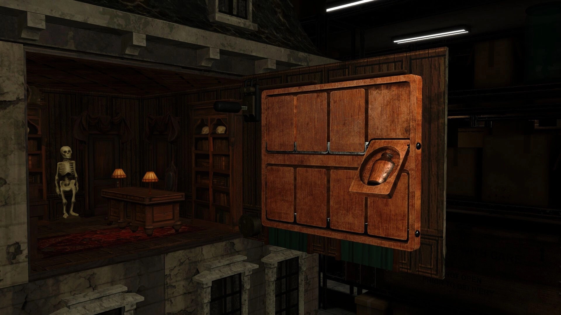 HAUNTED: Player views a wooden wall panel puzzle beside a skeleton in a dim dollhouse room.
