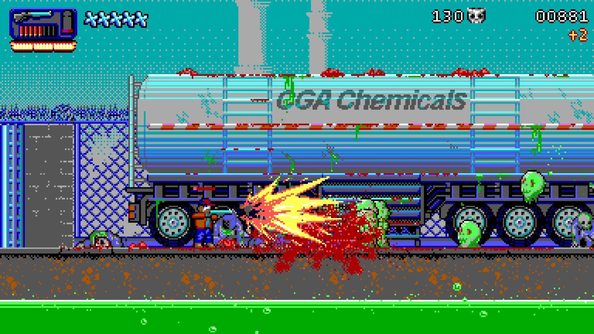 Haunted Lands: Player attacks grim cultists near a chemical tanker with a fiery blast in industrial area