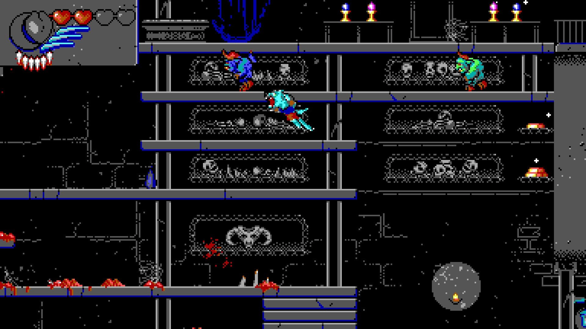 Haunted Lands: Character fights cultist on skeletal platforms with health bar and candles visible