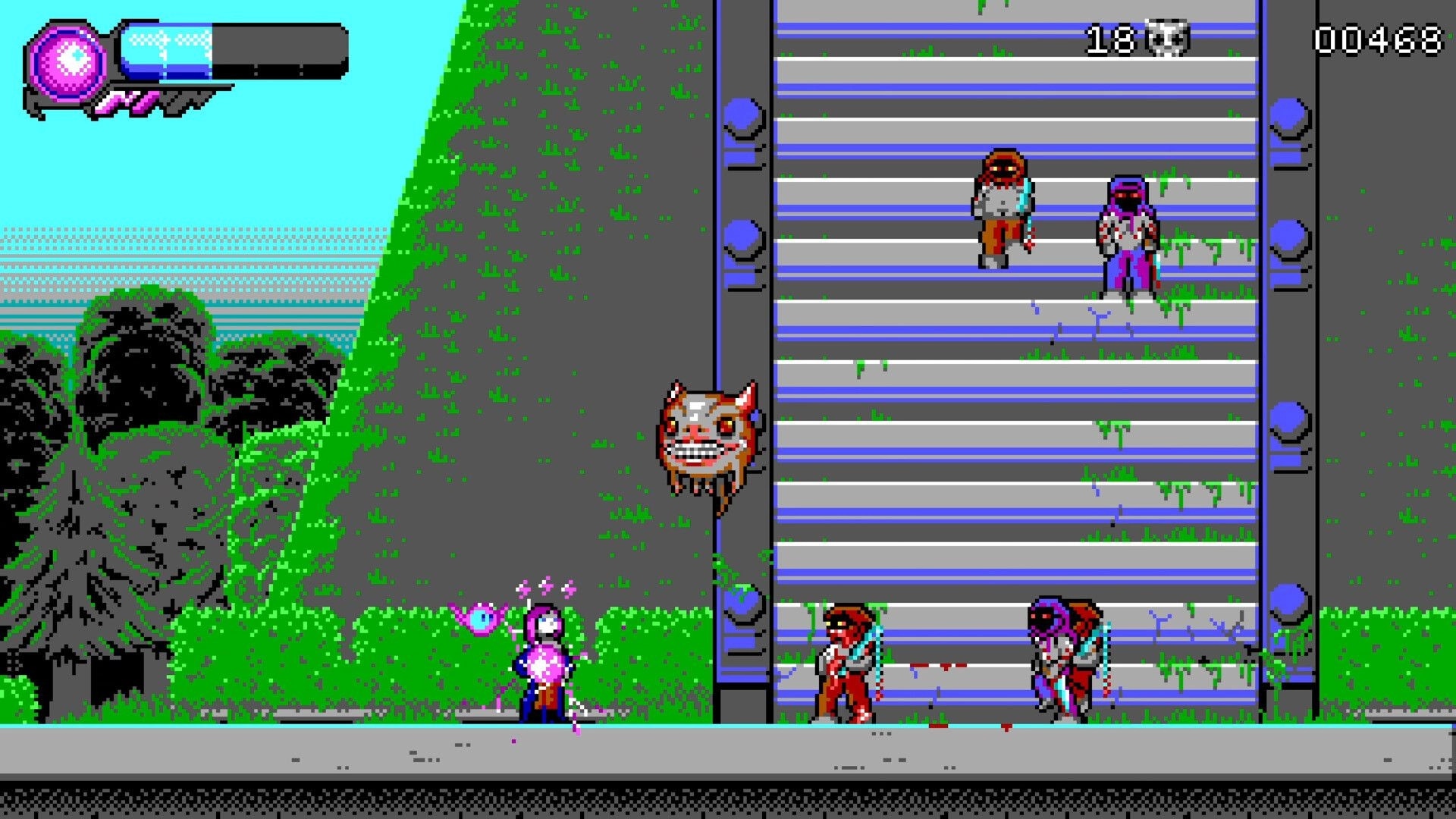 Haunted Lands: Player battles cultists and a floating monster on a pixelated staircase with health bar shown