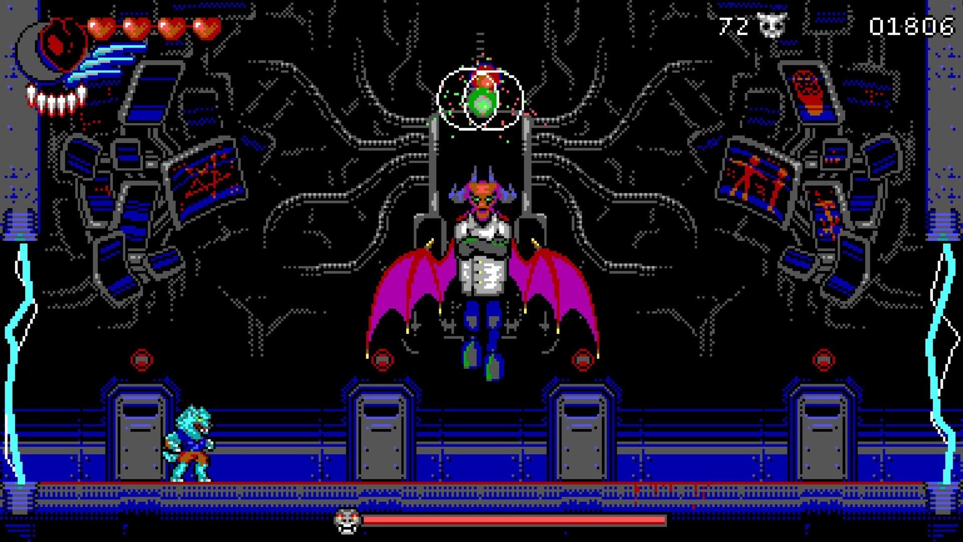 Haunted Lands: Player facing demon boss with wings in a dark, tech-infused chamber with health bar displayed