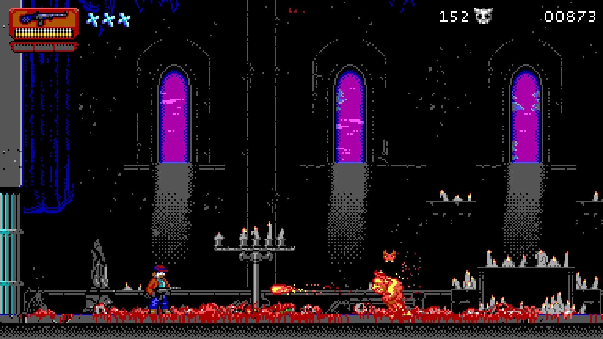 Haunted Lands: Player battles a fiery creature in a dark cathedral with purple windows and scattered candles.