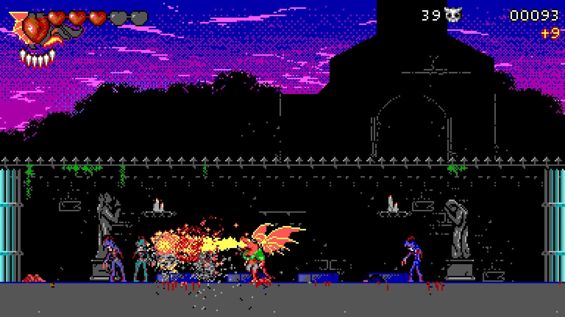 Haunted Lands: Winged creature breathes fire at cultists in a dark castle courtyard with statues.