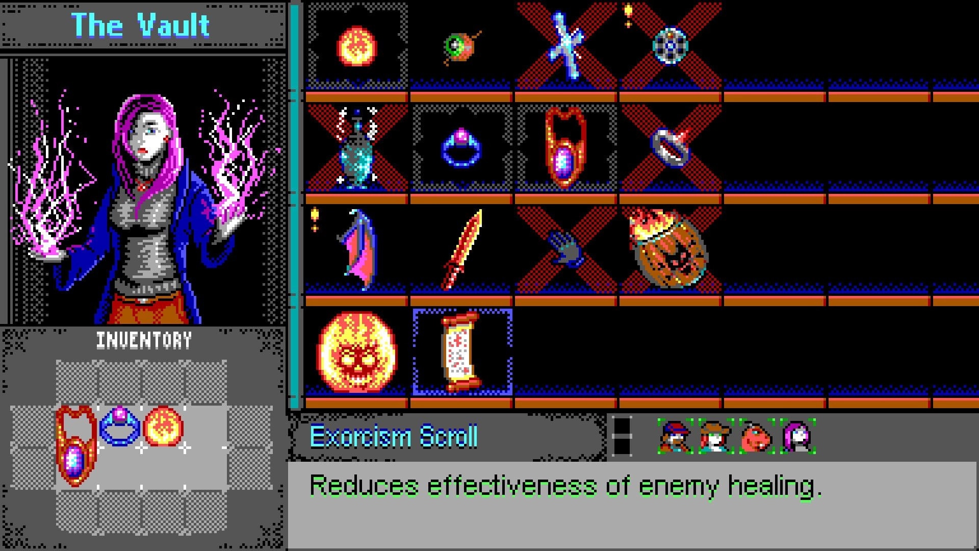 Haunted Lands: Character with purple energy in inventory screen, featuring artifacts and Exorcism Scroll.