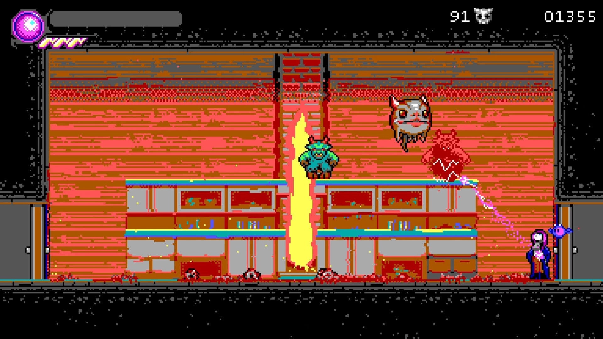 Haunted Lands: Character casting spells at flying demons in a fiery dungeon with health bar visible
