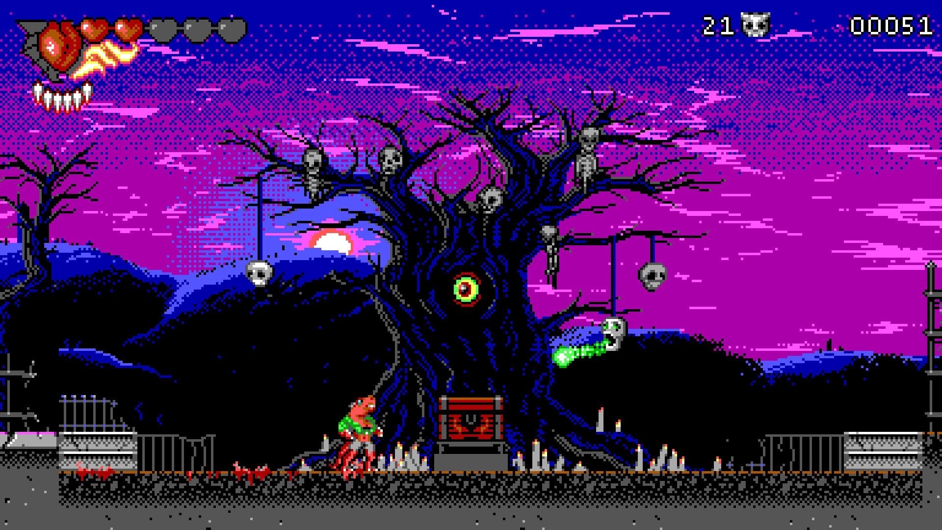 Haunted Lands: Player battles green-spitting skull near eerie tree adorned with hanging skeletons at dusk