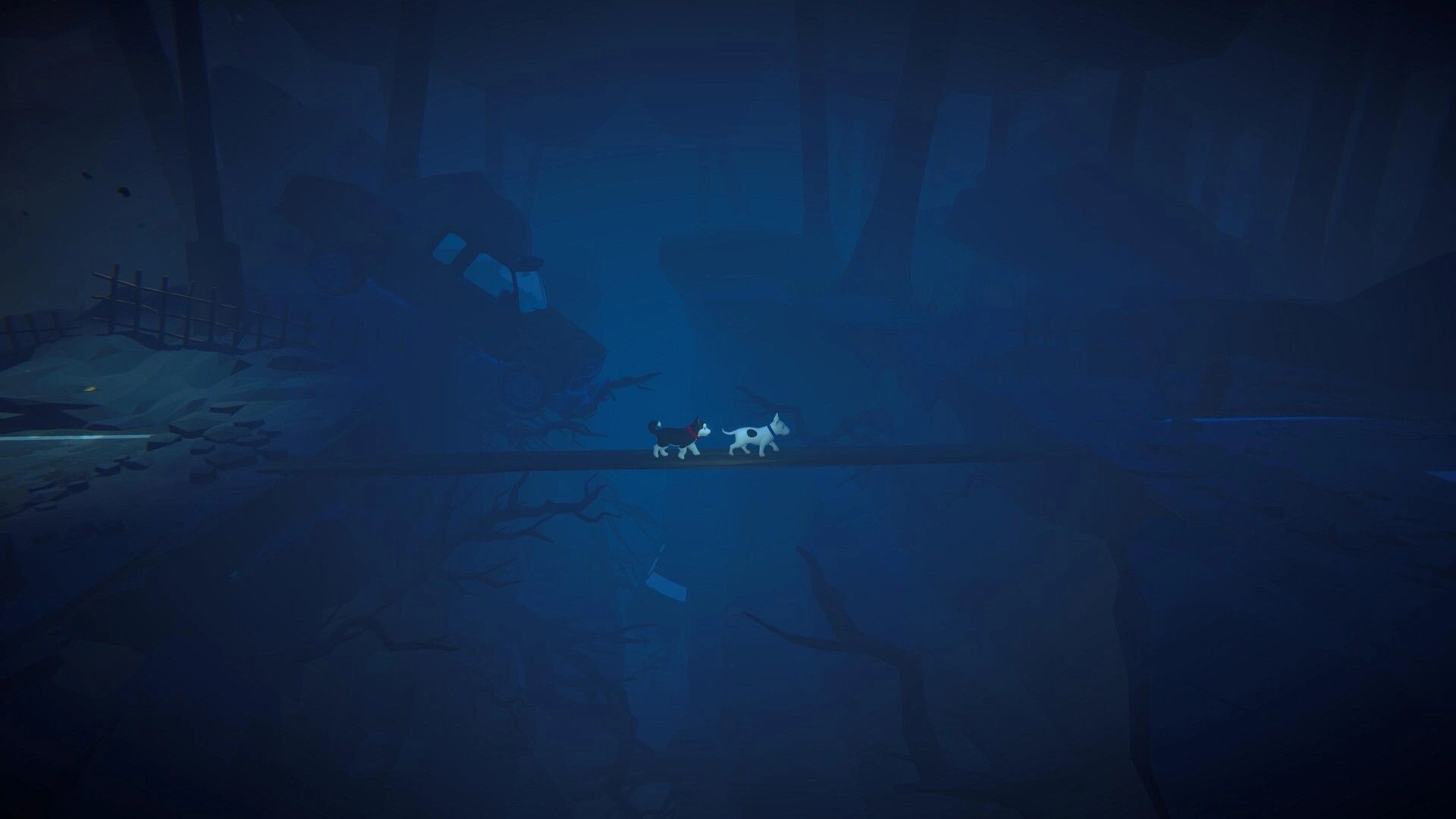 Haunted Paws: Two puppies traverse a narrow bridge in a dark, eerie forest with abandoned car nearby.