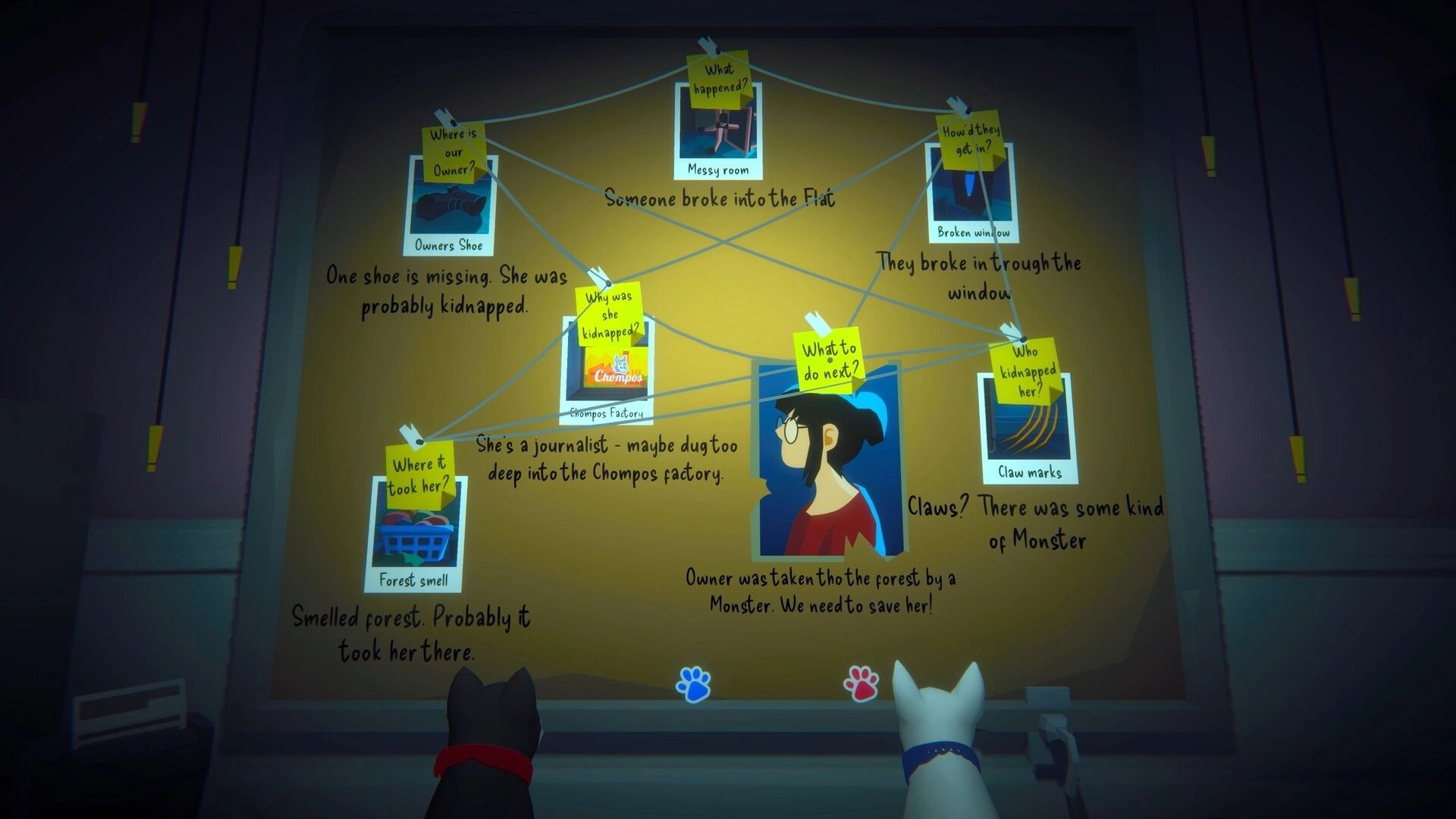 Haunted Paws: Investigation board with clues and photos, two puppies analyzing the evidence in a room.
