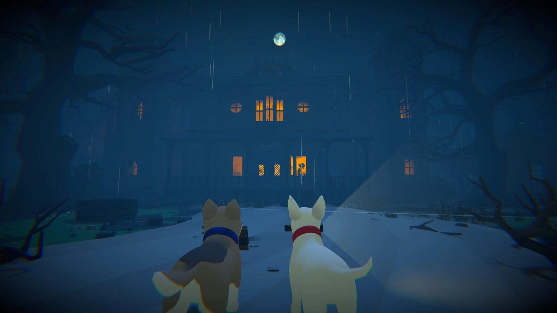 Haunted Paws: Two puppies with flashlights approach a spooky, moonlit mansion in a dark, eerie forest.