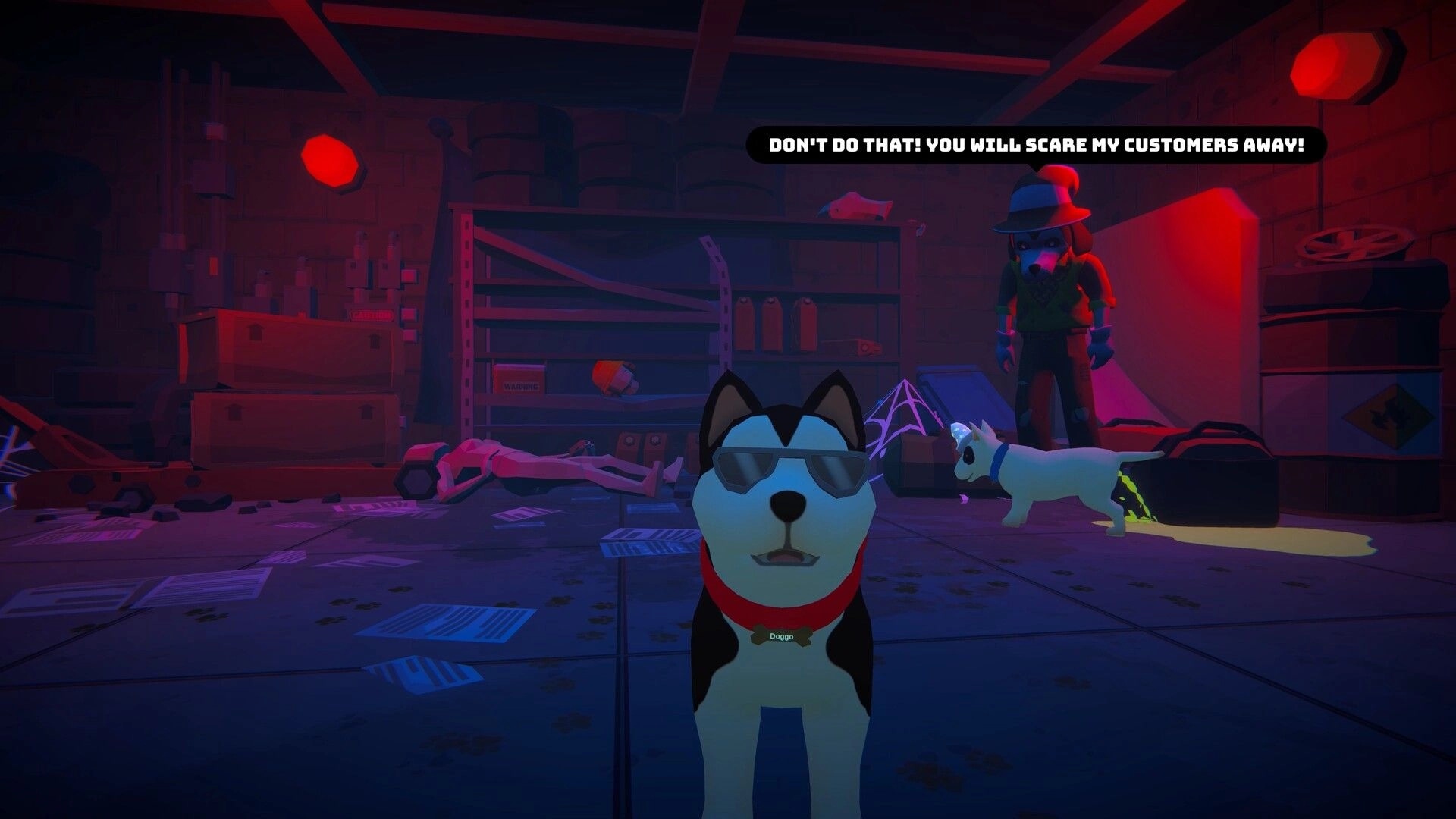 Haunted Paws: Doggo in sunglasses stands in a dark, cluttered basement as another puppy urinates nearby.
