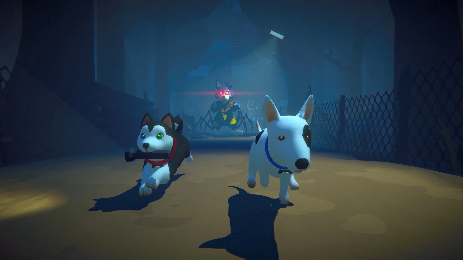 Haunted Paws: Two puppies flee from a spider creature in a dimly lit haunted hallway.
