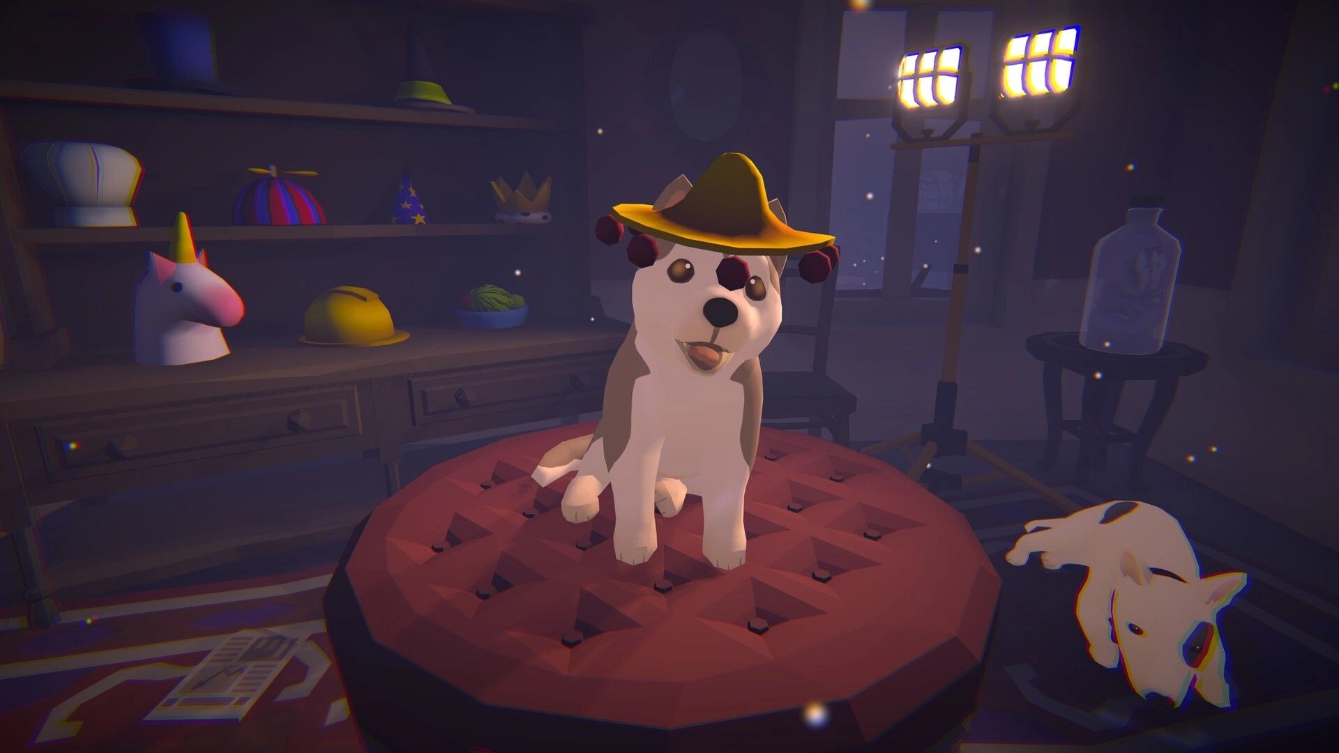 Haunted Paws: Puppy with sombrero sits on cushion in cozy room with hats and sleeping dog nearby