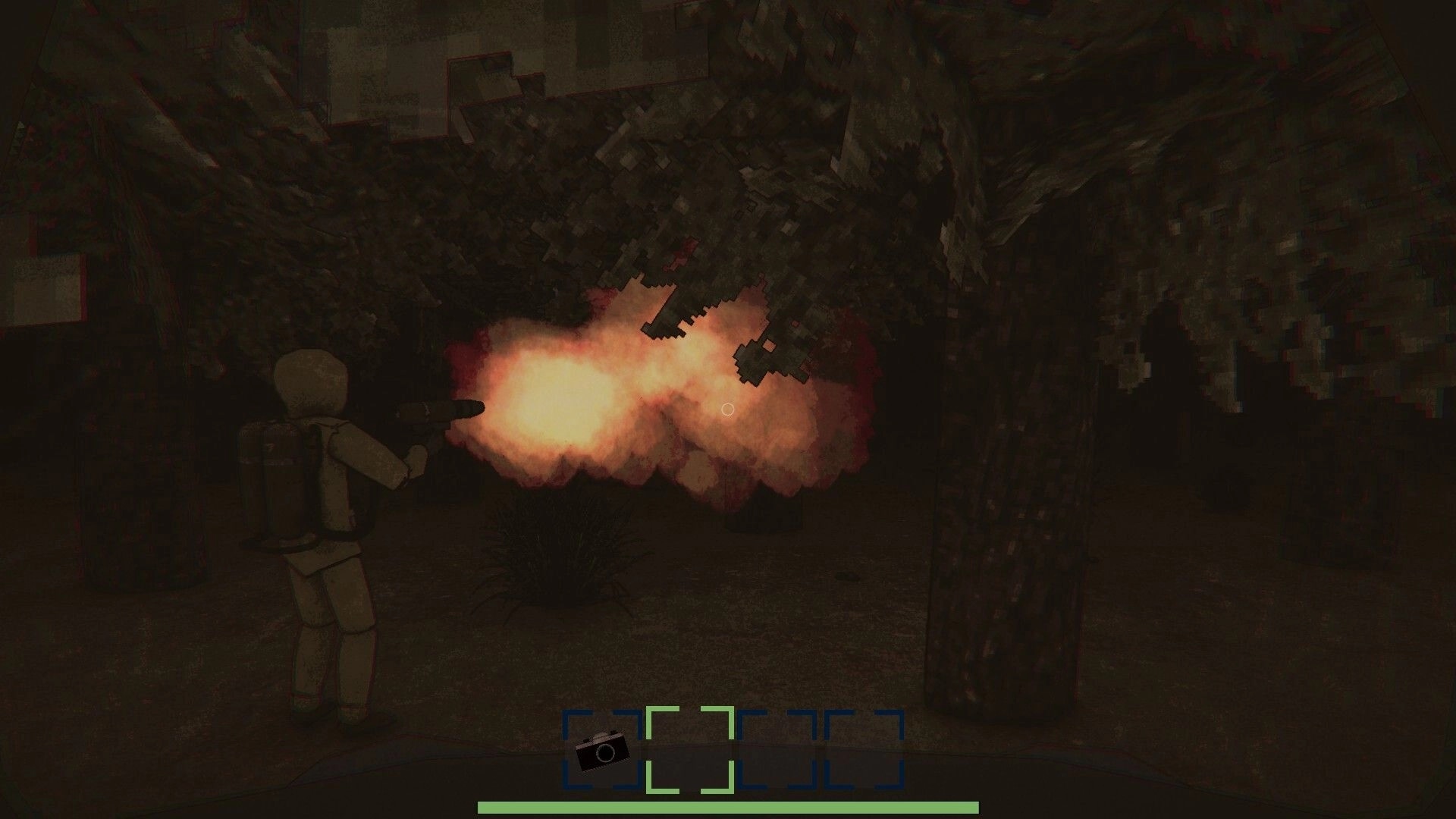 HAUNTMATES: Teammate aims a flashlight at thick orange smoke cloud in a dark wooded area HUD visible.