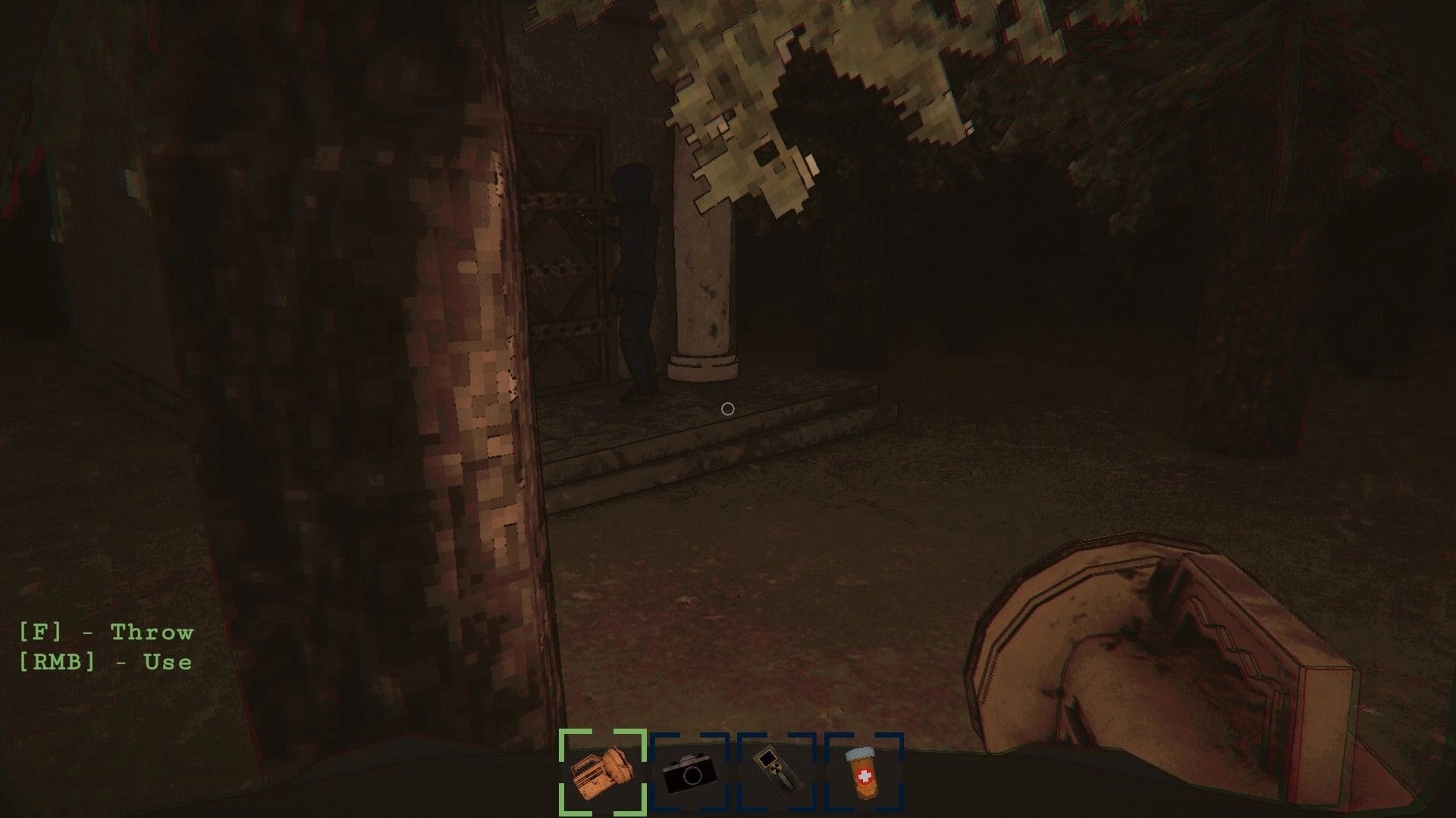 HAUNTMATES: First-person view aiming at a shadowy figure by a door in a dim courtyard with UI icons.